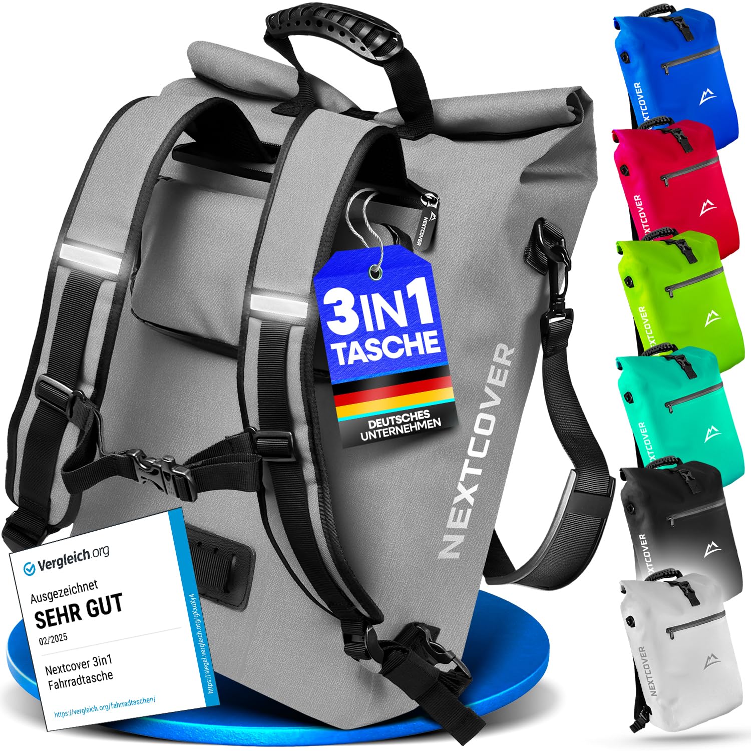 Nextcover Borsa da bicicletta 3 in 1 per portapacchi [senza PVC] – Borsa per portabagagli, zaino e borsa a tracolla 25 l, impermeabile, per bicicletta