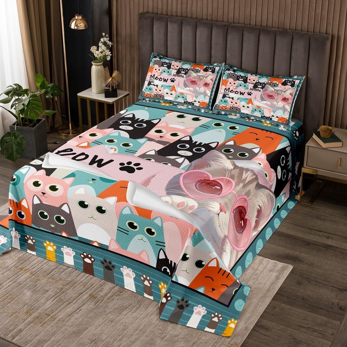 Homewish Cartoon Cat Bedspread Twin Size,Kawaii Colorful Kitten Bedding Sets 2Pcs for Kids Girls Boys Room Decor,Pet Animals Comforter Set Cute Cat Paw Print Quilt Coverlet,1 Pillowcase
