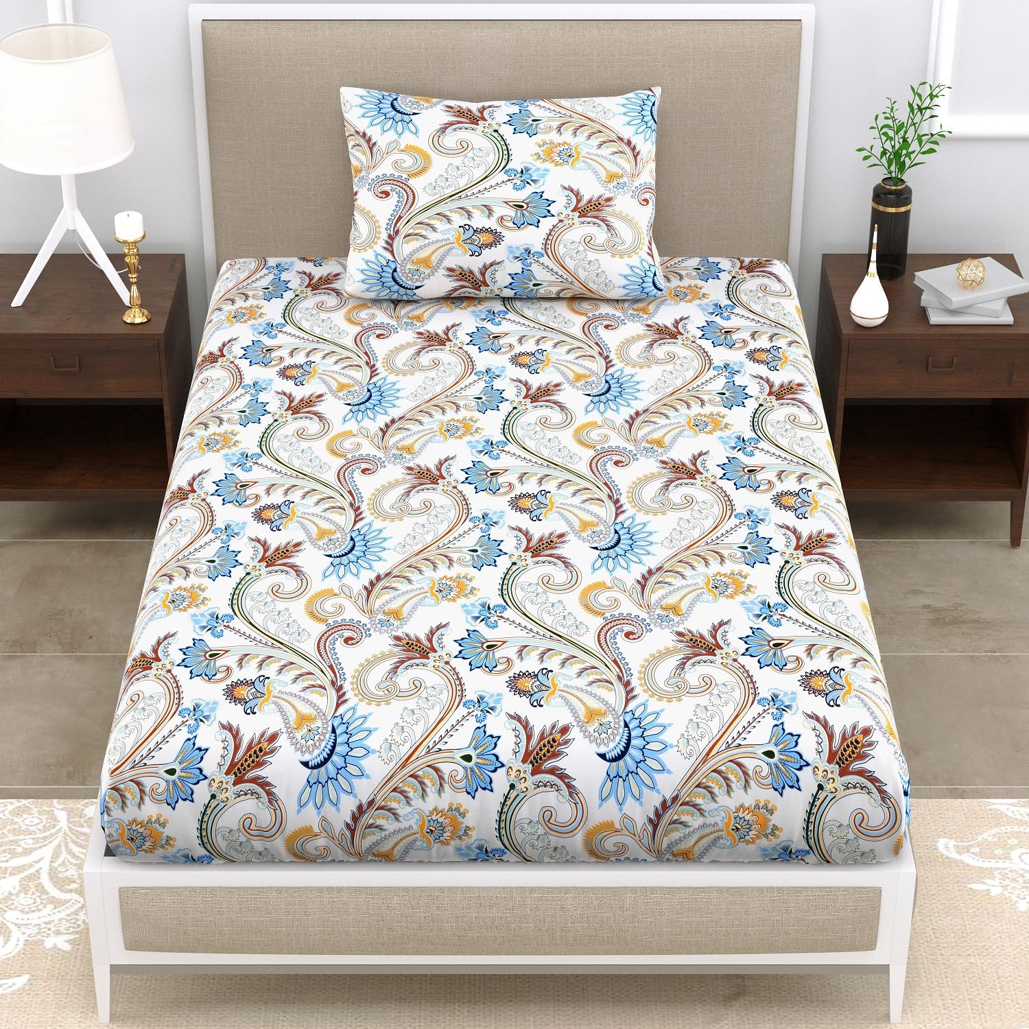 Yellow Glace Cotton Bedsheet - Fitted Sheet with Pillowcase -17