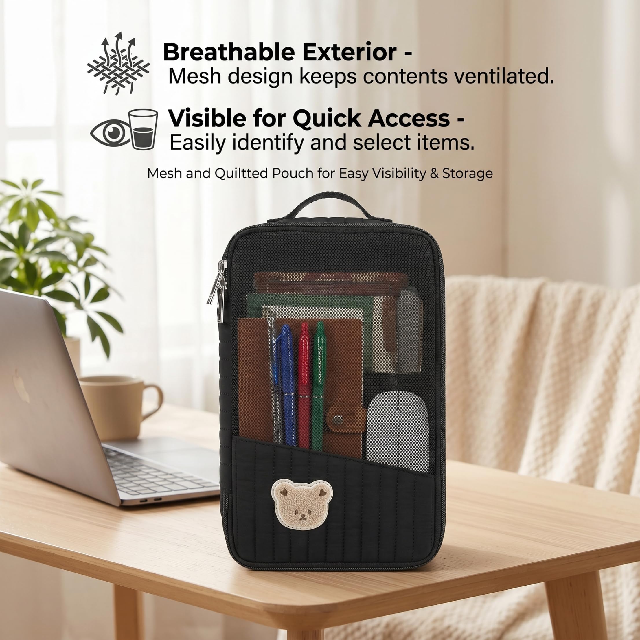 Diaper Bag Organizers, Diaper Bag Organizer Pouch, Cartoon Bear Quilted Mesh Storage, Cube For Travel, Baby Essentials & Toiletries Organization (black Bear), Organizer Pouches — view 2