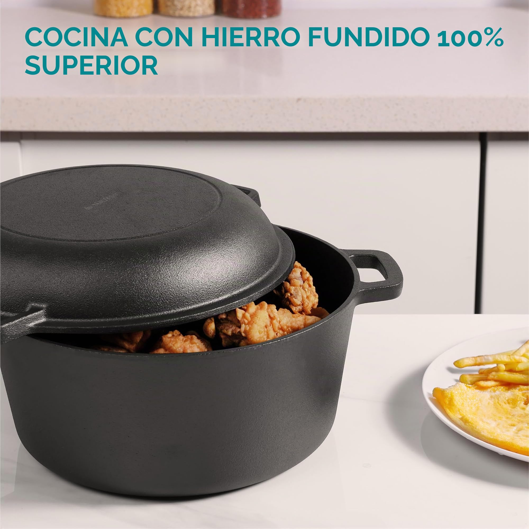 Navaris Sarten hierro fundido con tapa - Sartén holandesa con 2 asas - Apta para cualquier cocina y horno - Sartén sazonada 32 cm de 4,7 l de capacidad - Con manual y recetas
