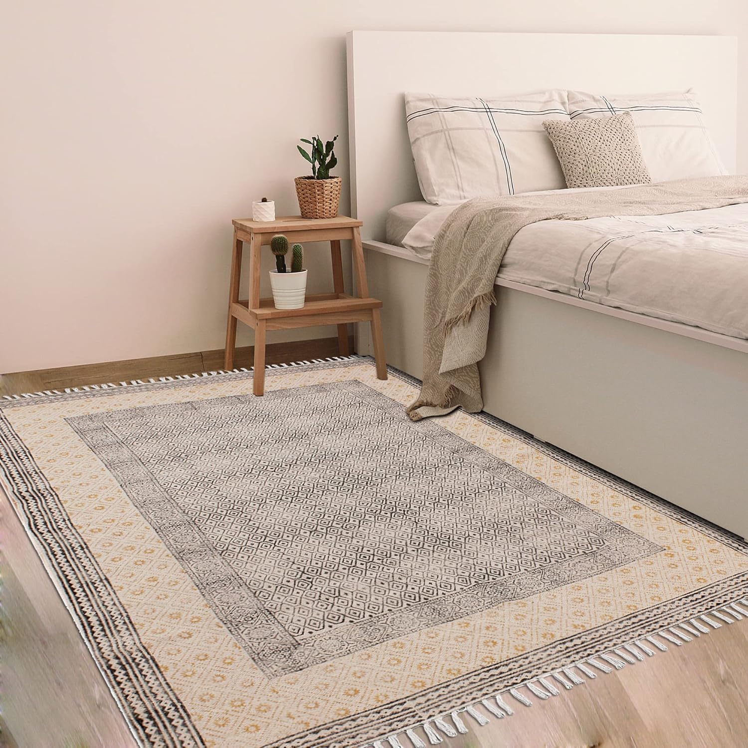 Kilim Tapis carré en coton beige et noir épais de 0,5 cm d'épaisseur – Lavable à la main – Tapis en coton tissé plat pour cuisine, table de chevet, entrée