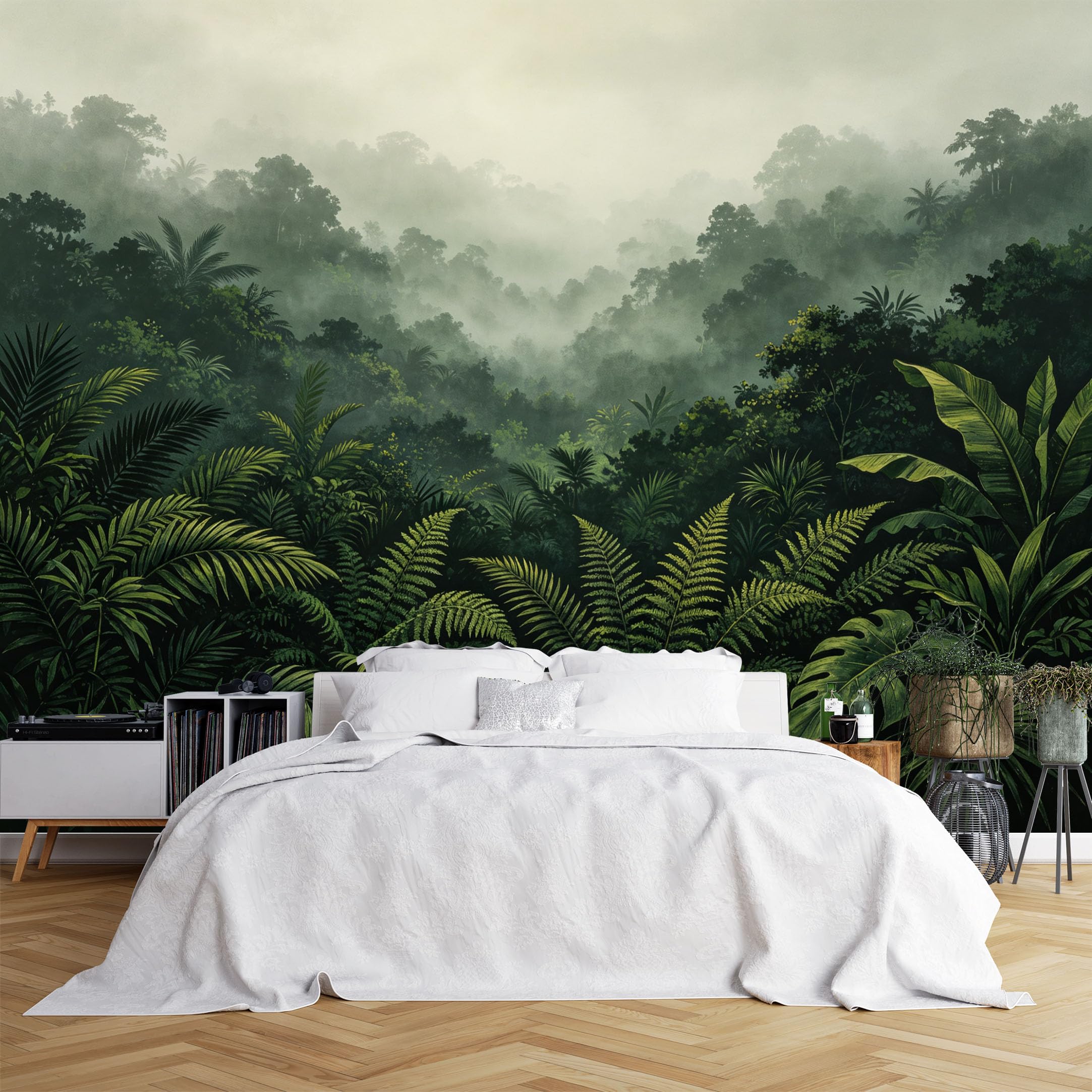 Custom Size Wall Murals Misty Tropical Rainforest with Ferns Wallpaper, Large Photo Wallpaper Self-Adhesive Removable Wallpaper for Living Room, Office