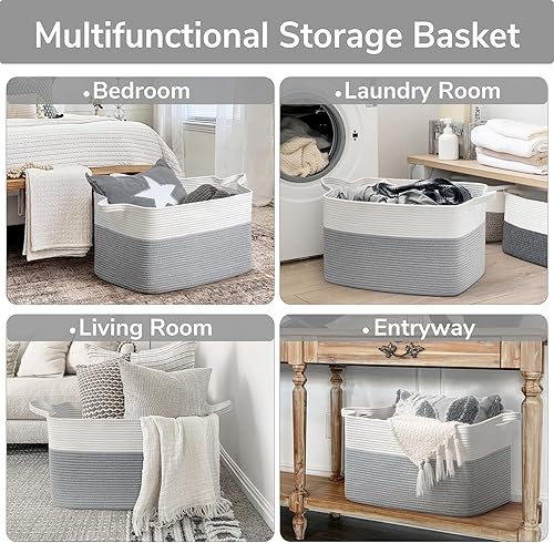 Miniatura 4 de Goodpick Cesta grande de almacenamiento de juguetes, cestas de cuerda de algodón gris para bebés, niños, cesta de almacenamiento tejida con asa para