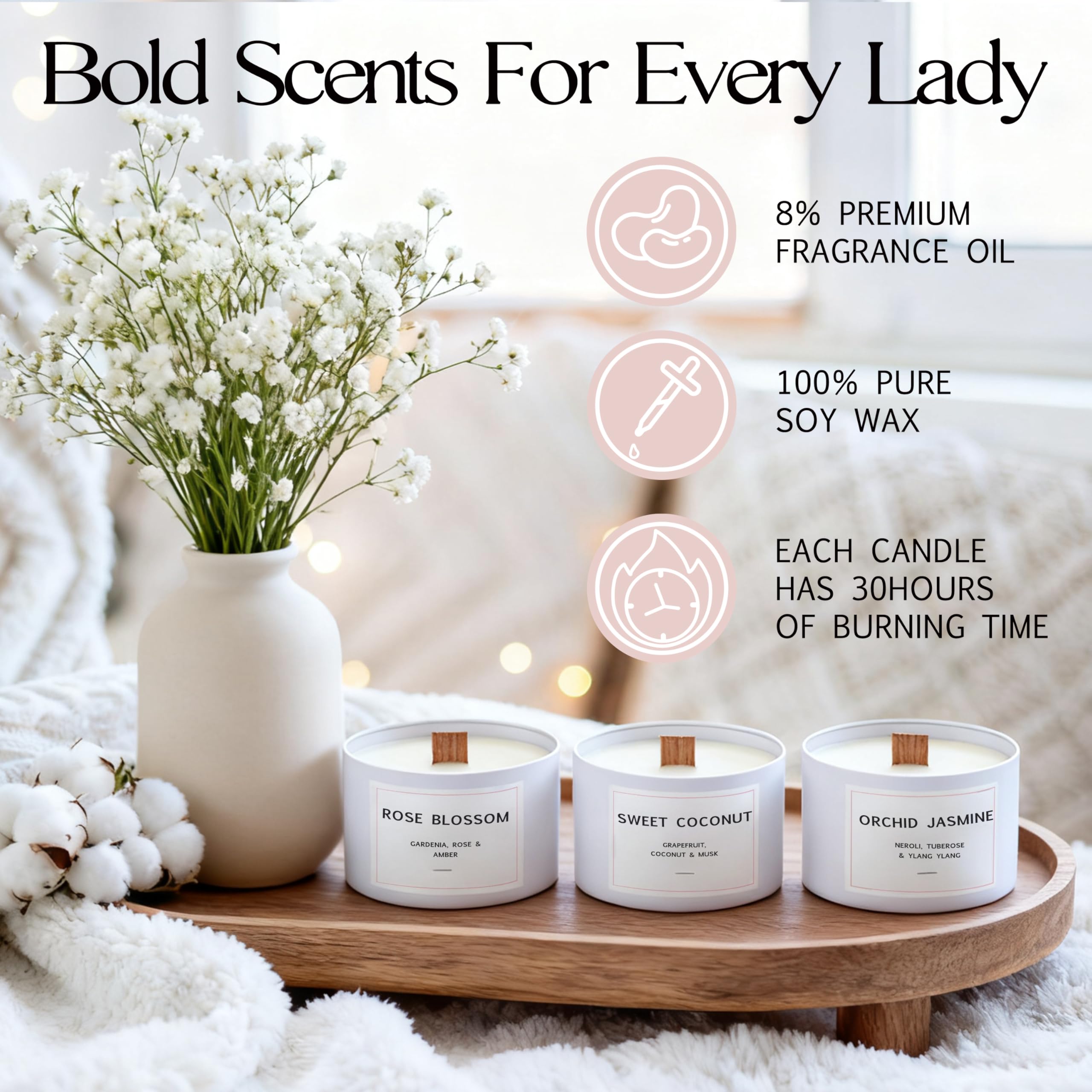 LaurGifts Duftkerzen Geschenkset - 3 Premium Floral Soja-Kerzen in luxuriöser rosa Box - Orchidee & Jasmin, süße Kokosnuss, Blütenrose - Entspannungsgeschenk für Frauen, Geburtstag, Spa & Zuhause