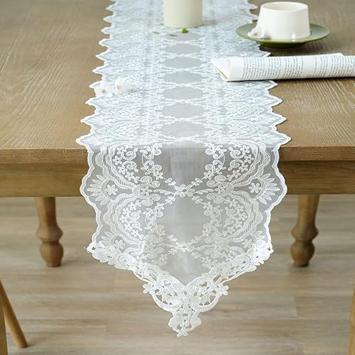 Miniatura 1 de OOKSEN Camino de mesa de encaje blanco, exquisito camino de encaje delicado bordado floral para aparador, macramé, bufanda para mesa de café,