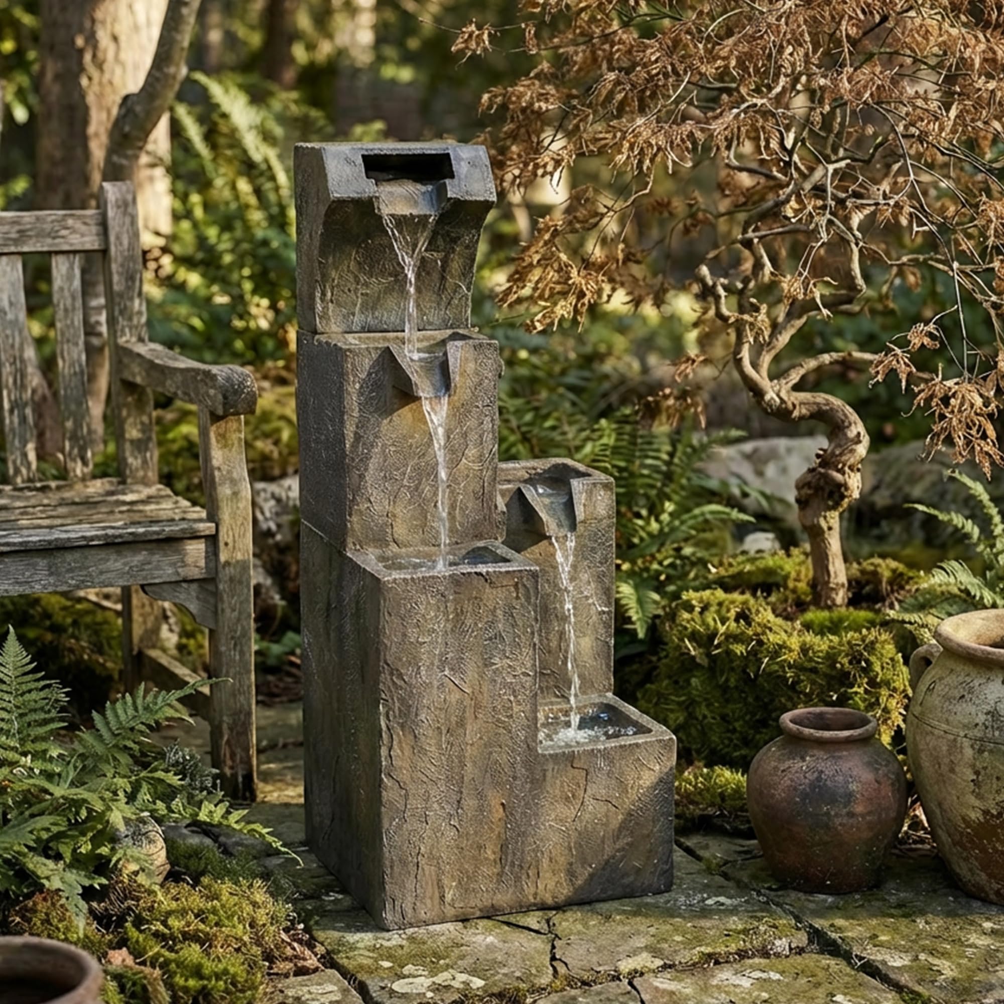 Köhko Gartenbrunnen „Ballerina“ mit 4 LEDs, 4-stufiger Wasserfall Brunnen für Garten und Terrasse, Modernes Wasserspiel Springbrunnen für Balkon, Hof und Garten Deko
