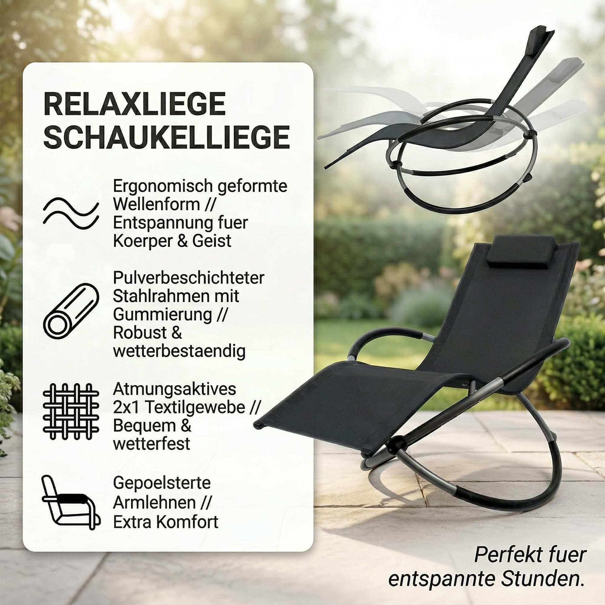 Mucola Relaxliege Sonnenliege klappbar bis 200 kg 160x80x90 cm Anthrazit | Schwungliege mit Schaukeleffekt, inkl. Kopfkissen, atmungsaktives Textilgewebe, schnelltrocknend, pulverbeschichteter Stahl