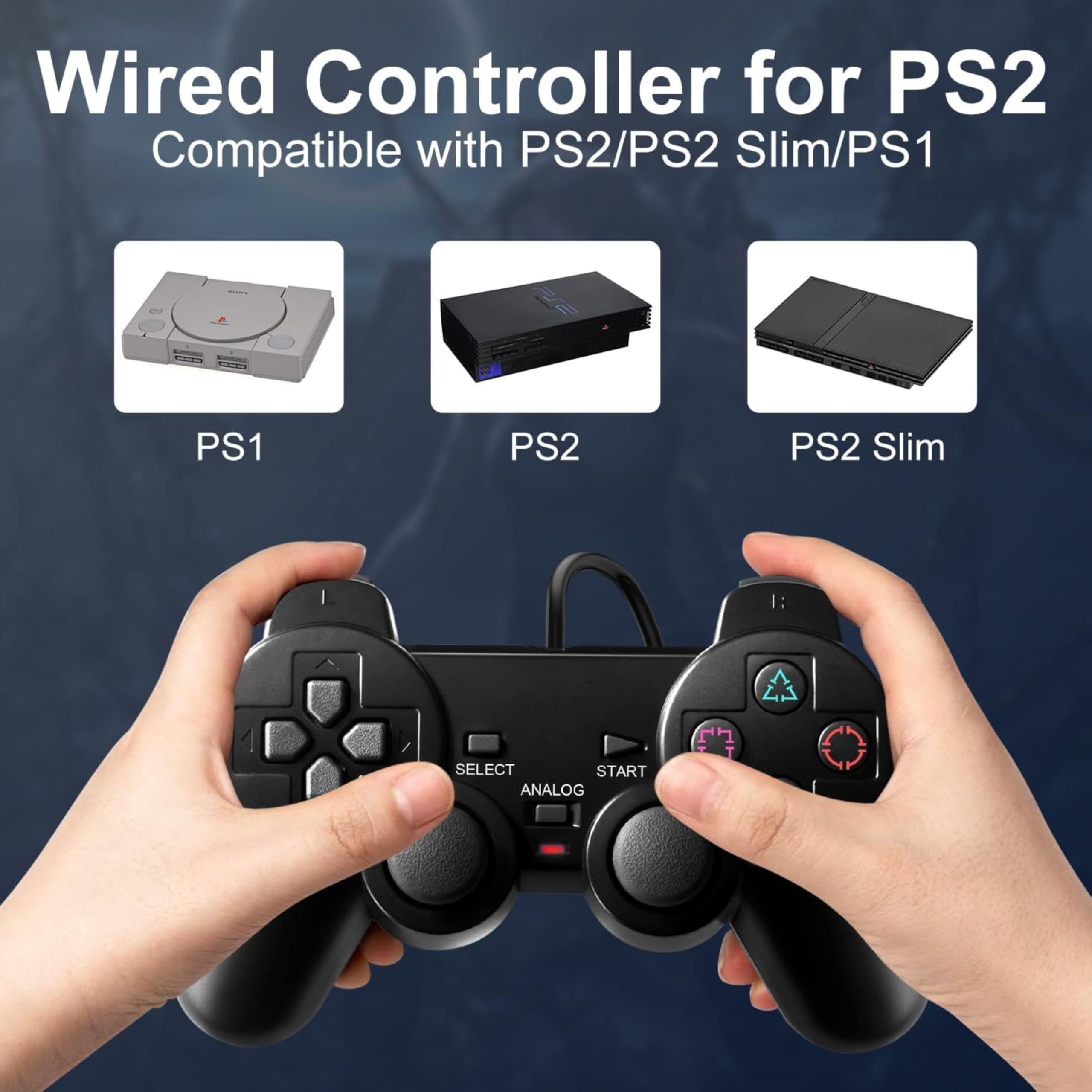 FLLAGG20 | 2X Manette filaire Compatible avec PS2, noir | Compatible PS2, PS1, PSX | Double vibration, boutons analogiques, prise en main ergonomique | Expérience de jeu Joystick Controller
