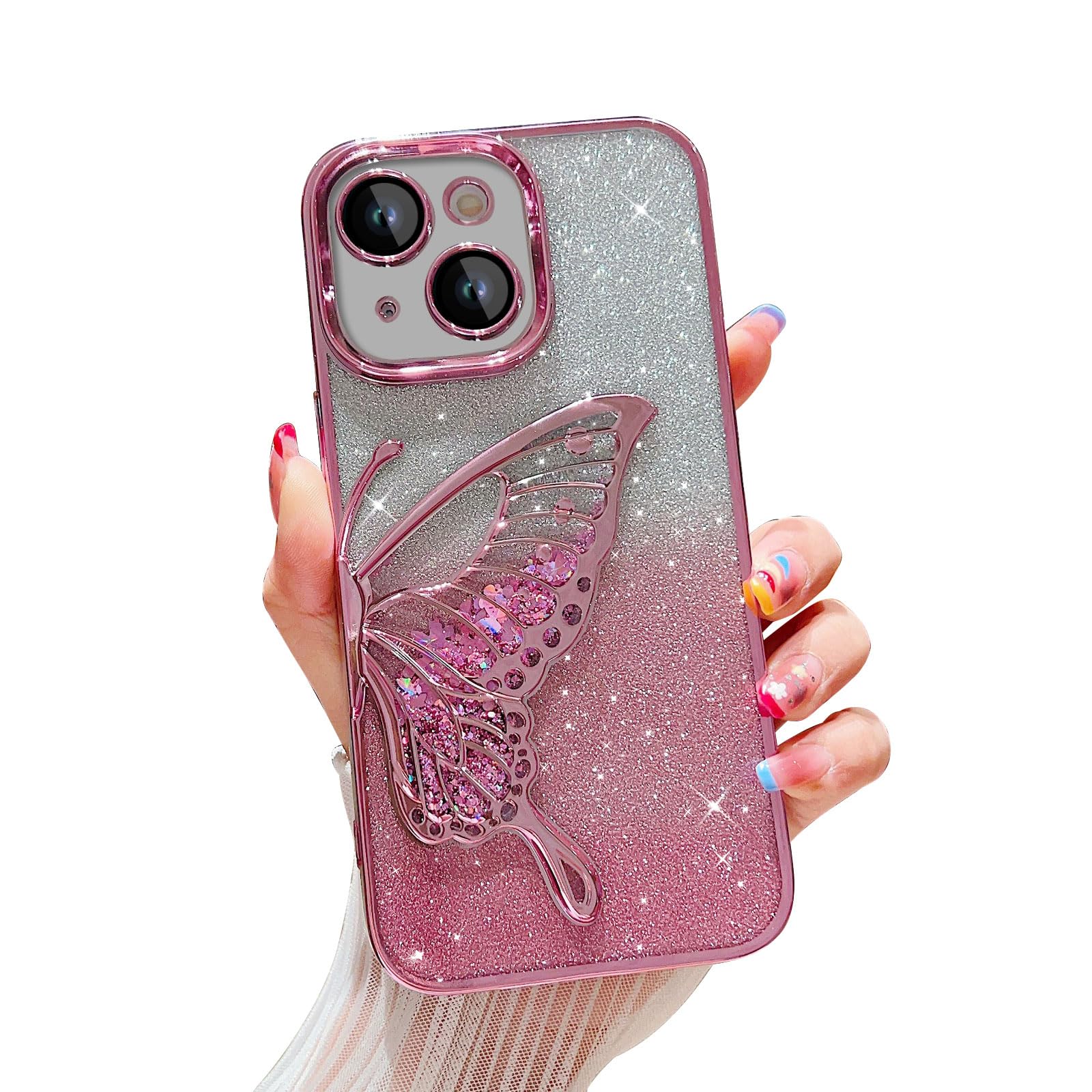 Photo 1 of Aitipy Compatible with iPhone 15 Case, Cute 3D Glitter Butterfly, Luxurious Electroplated Frame Design, Slim Soft Shockproof Case for Ladies and Girls(Pink) Pink iPhone 15