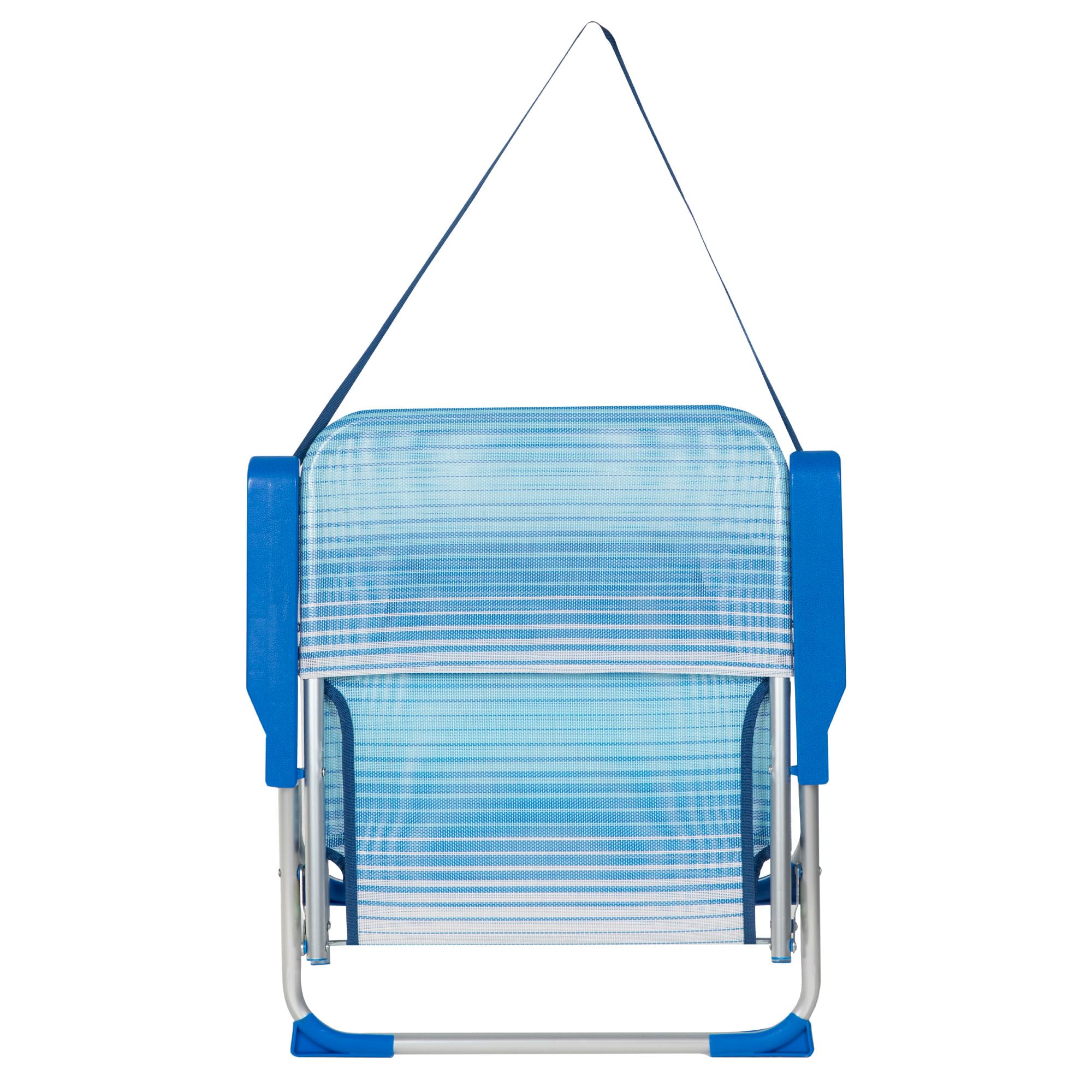 AKTIVE Silla playa plegable, Azul rayas, 45x40x70 cm, Incorpora topes antivuelco, Asa de hombro, Soporta 110 kg, Asiento bajo, Estructura aluminio, Tejido textileno, Reposabrazos plástico (62670)