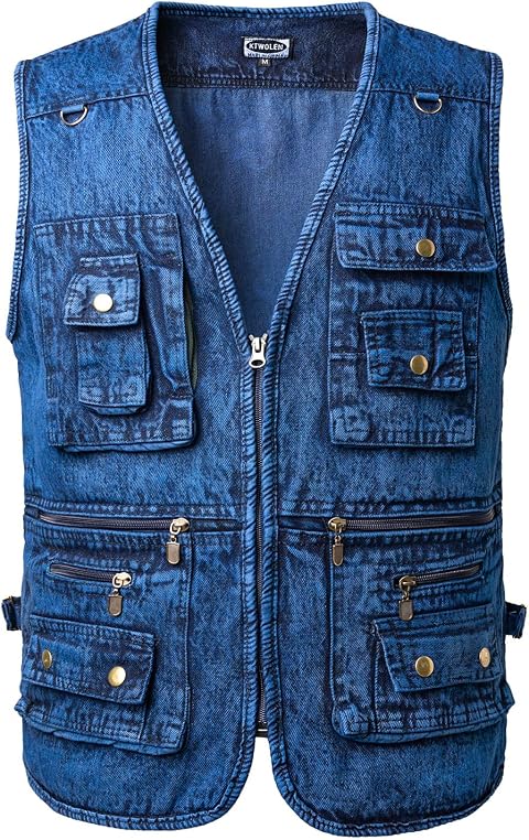 Chaleco Tejano para Hombre Multibolsillos Chaqueta Vaquera Moto sin Mangas Chaleco Tela Vaquero Vintage Chaleco de Jeans