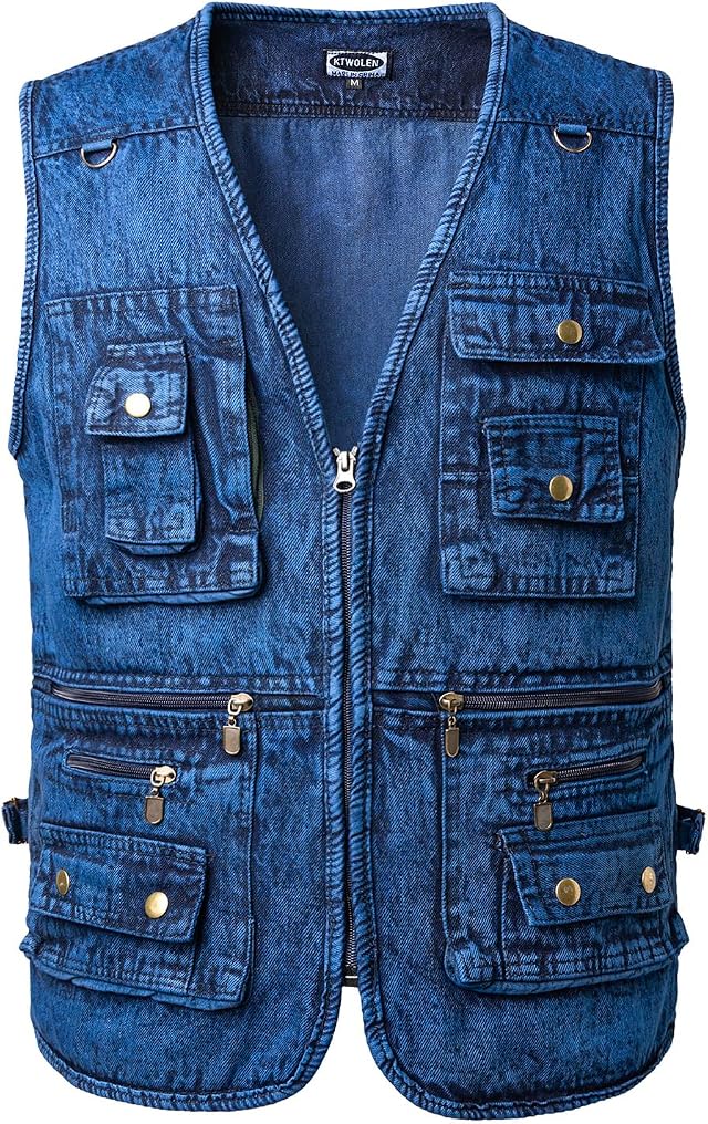 Chaleco Tejano para Hombre Multibolsillos Chaqueta Vaquera Moto sin Mangas Chaleco Tela Vaquero Vintage Chaleco de Jeans
