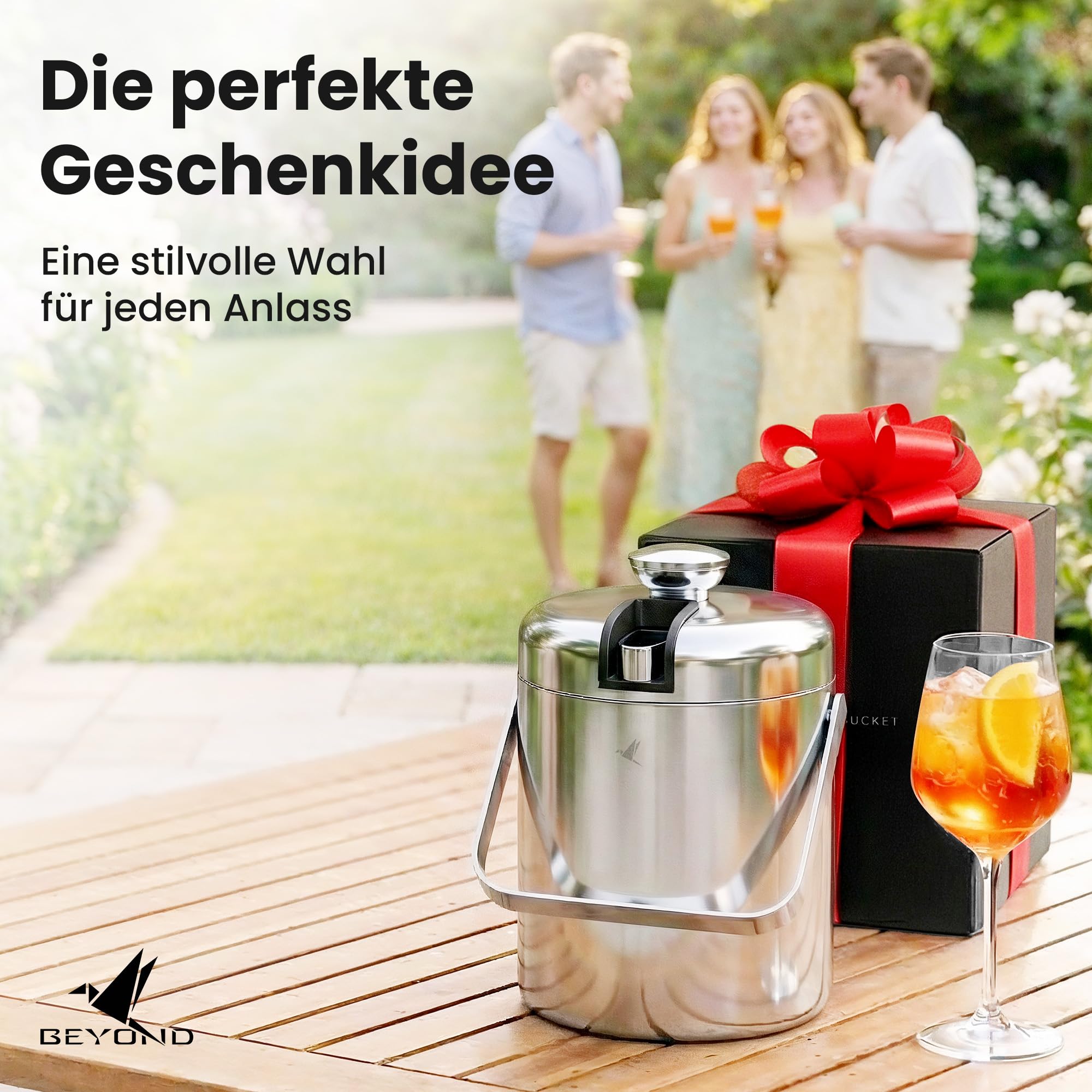 Beyond Eiswürfelbehälter mit Deckel und Zange 100% bpa frei aus Edelstahl - Eiswürfelkühler, doppelwandig, 1,3 Liter I Eiseimer für Eiswürfel, Eiskübel für die Eiswürfel Aufbewahrung