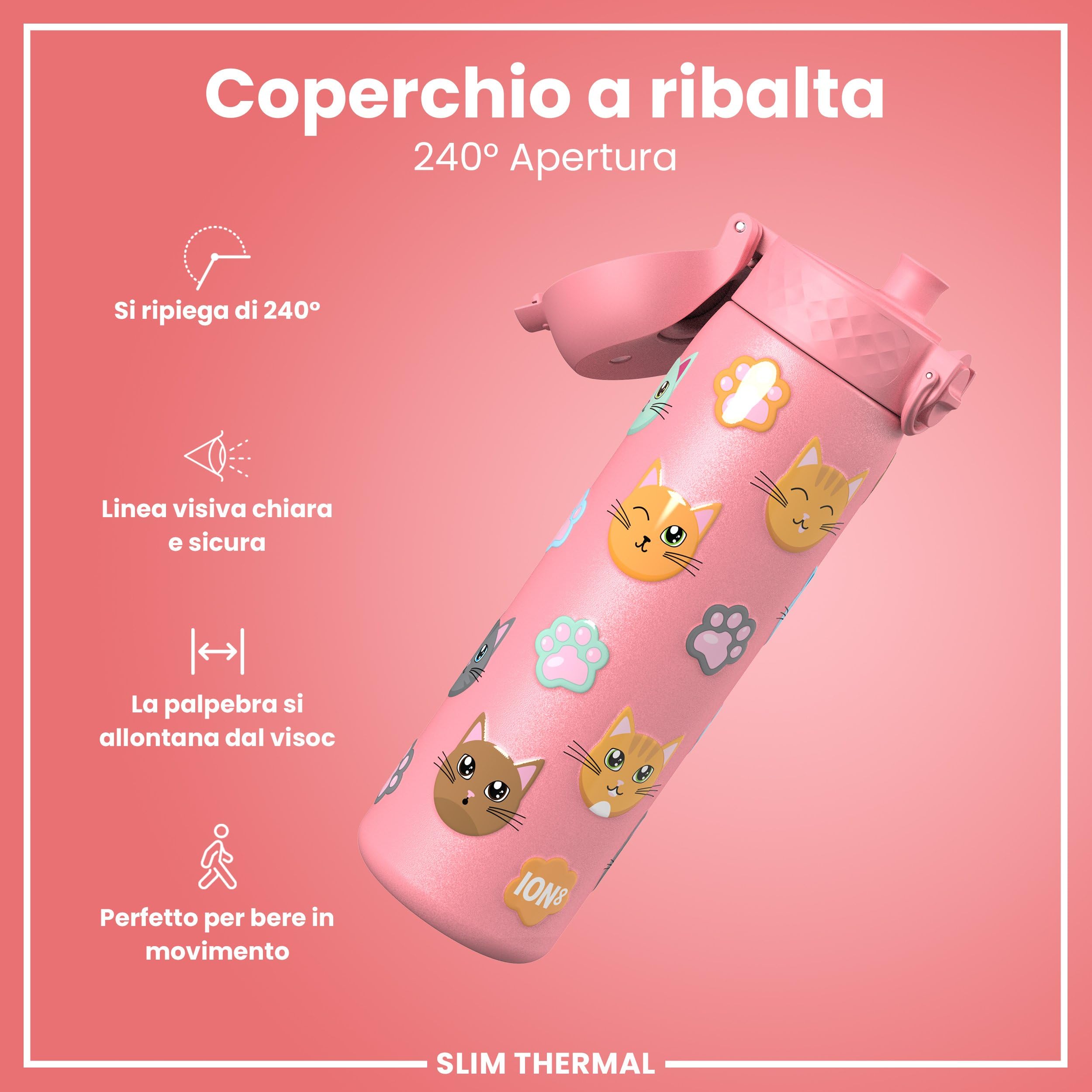 Ion8 Borraccia Termica in Acciaio Isolato, 500ml, a Prova di Perdite, Facile da Aprire, Serratura Sicura, Lavabile in Lavastoviglie, Maniglia per il Trasporto, Facile Pulizia, Durevole,Gatti