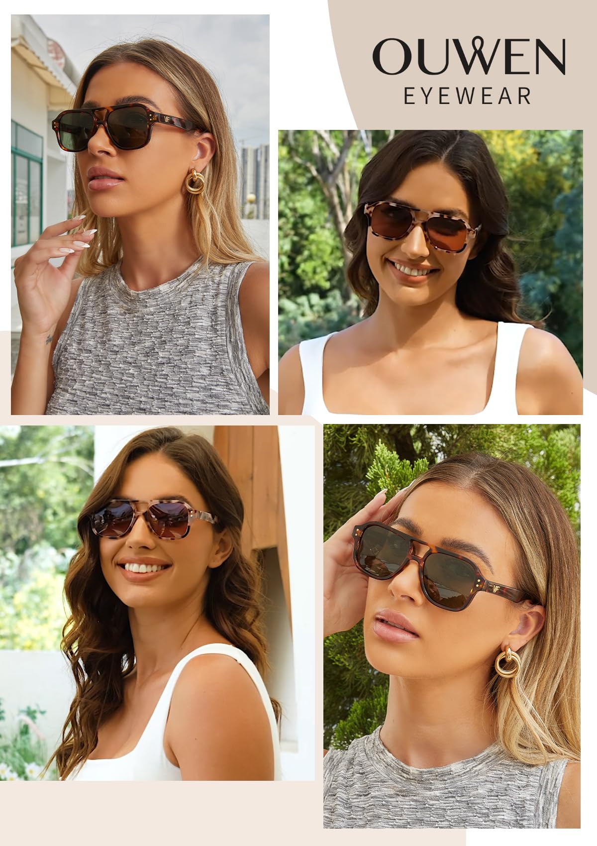 OUWEN Polarisierte, quadratische Piloten-Sonnenbrille für Damen und Herren, trendige, rechteckige Designer-Sonnenbrille, 70er-Jahre-Sonnenbrille, OW2239