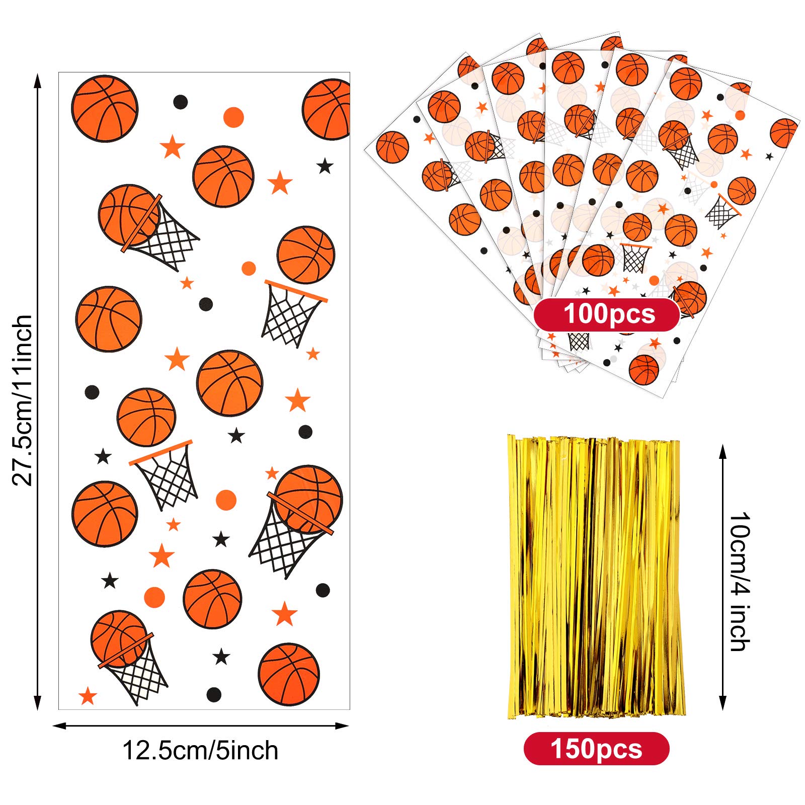 Zonon 100 Pcs Basketball Party Goodie Treat Bags Basketball Theme 5x11 Inch Plastic Cellophane Gift Candy Cookie Snack Sports Bag Birthday with 150 Pcs Gold Twist Ties for Valentines Team Party Favors