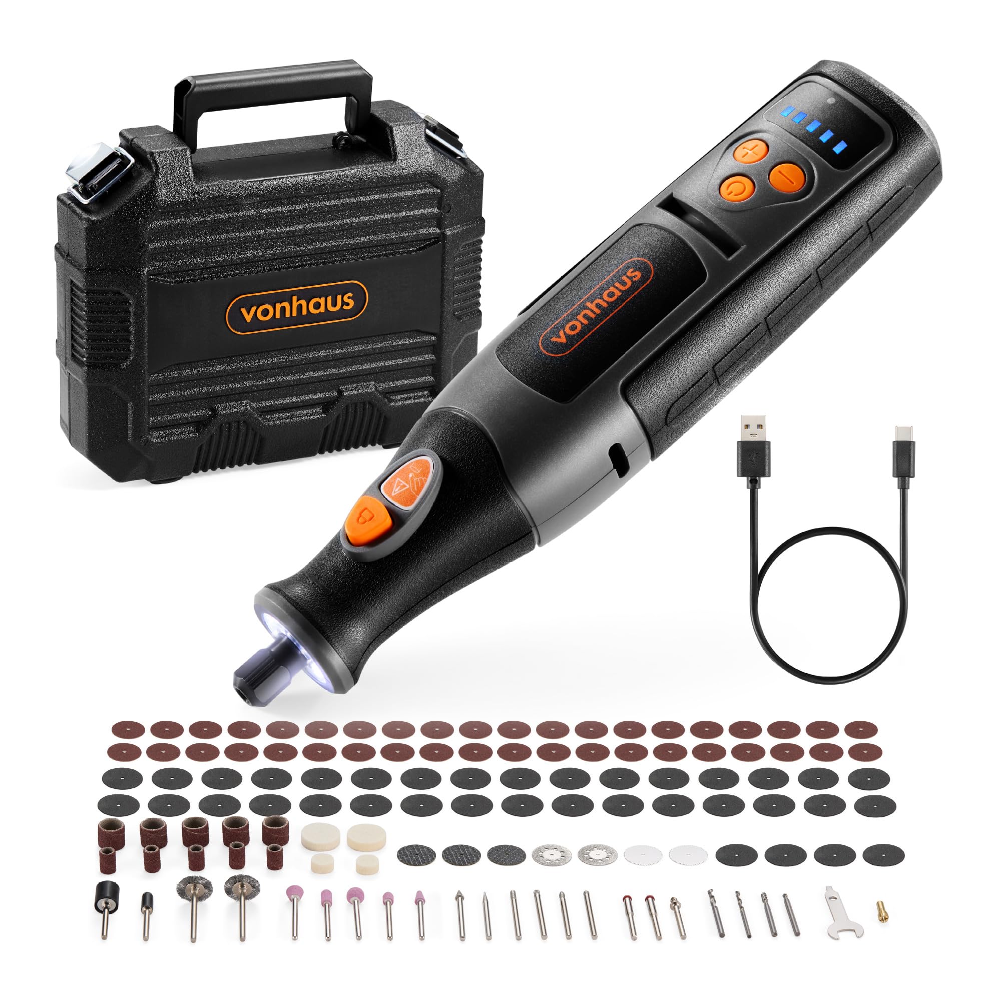 VonHaus Cordless Rotary Tool, 8V Battery, 5 Speed Variable Control 5000-25000RPM with 164 Accessories, Multi Purpose Multitool for DIY Craft, Engraving, Cutting, Sanding, Polishing