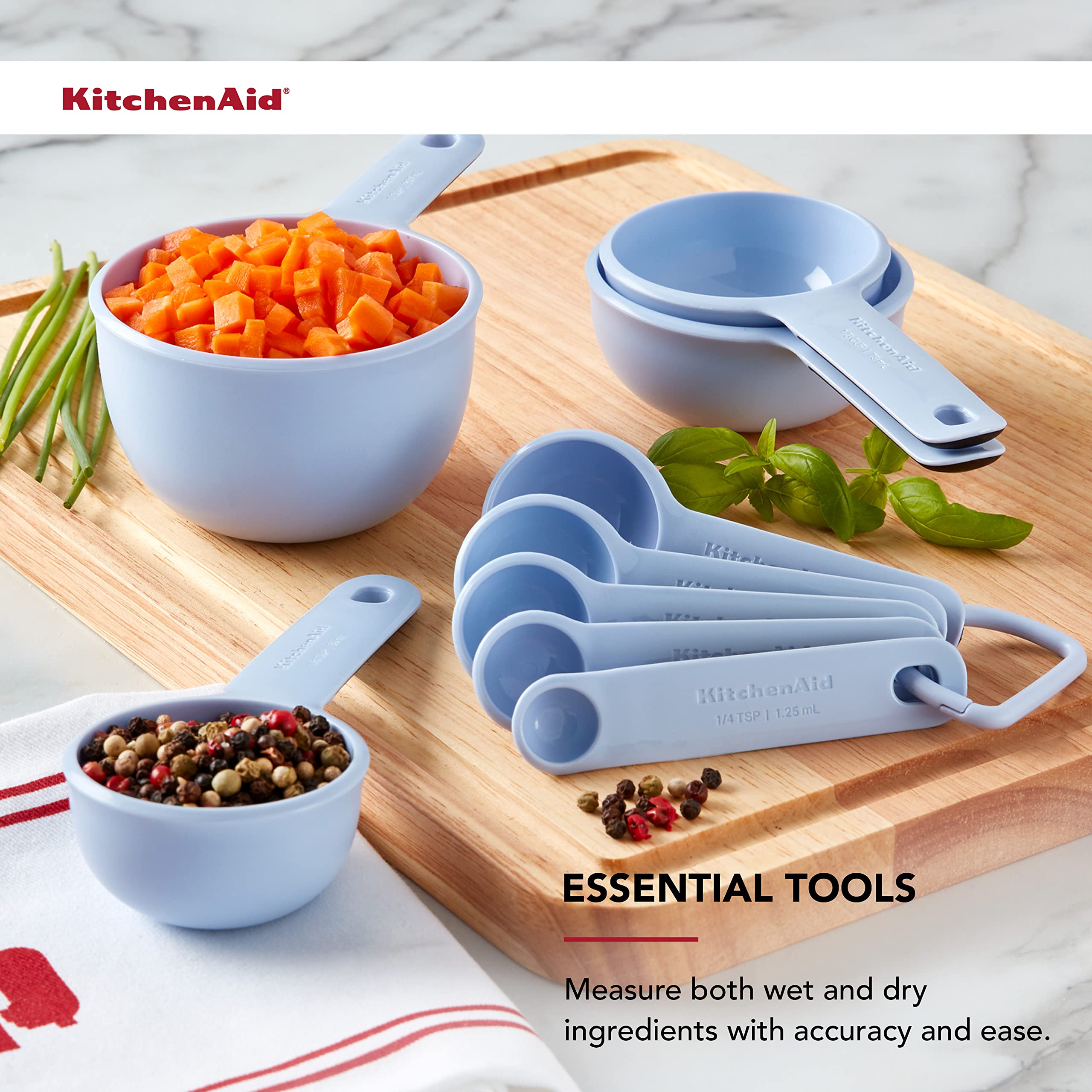 KitchenAid Universelles leicht ablesbares Messbecher- und Löffel-Set mit weichem Griff für maximale Kontrolle, Loch zum Aufhängen und Nisten für einfache Lagerung, spülmaschinenfest, 9-teilig