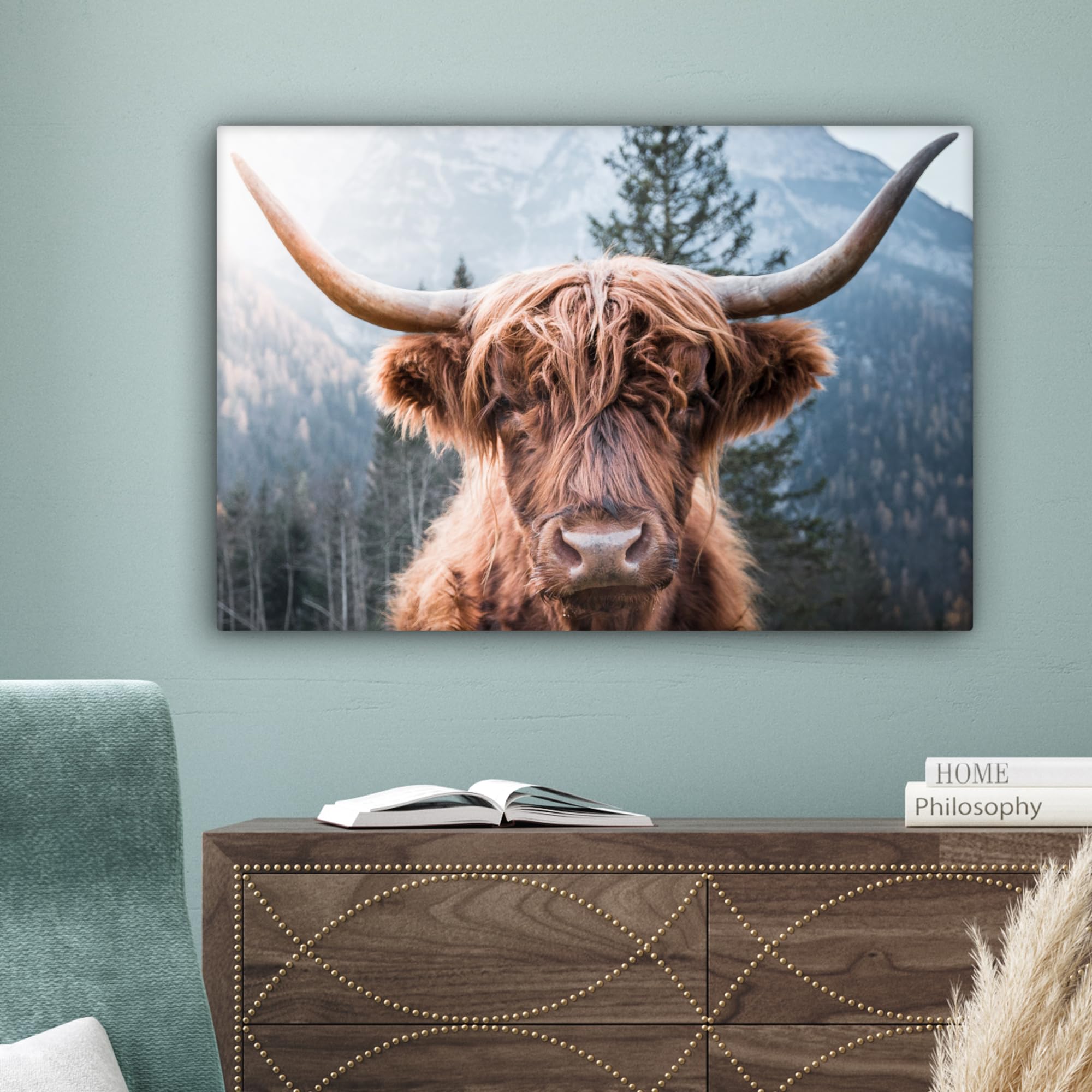 MuchoWow Leinwand Bilder, Einzigartige Wanddeko mit Rahmen, Schottischer Highlander - Berge - Porträt, Wandbilder Wohnzimmer, Deko Schlafzimmer 150x100 cm