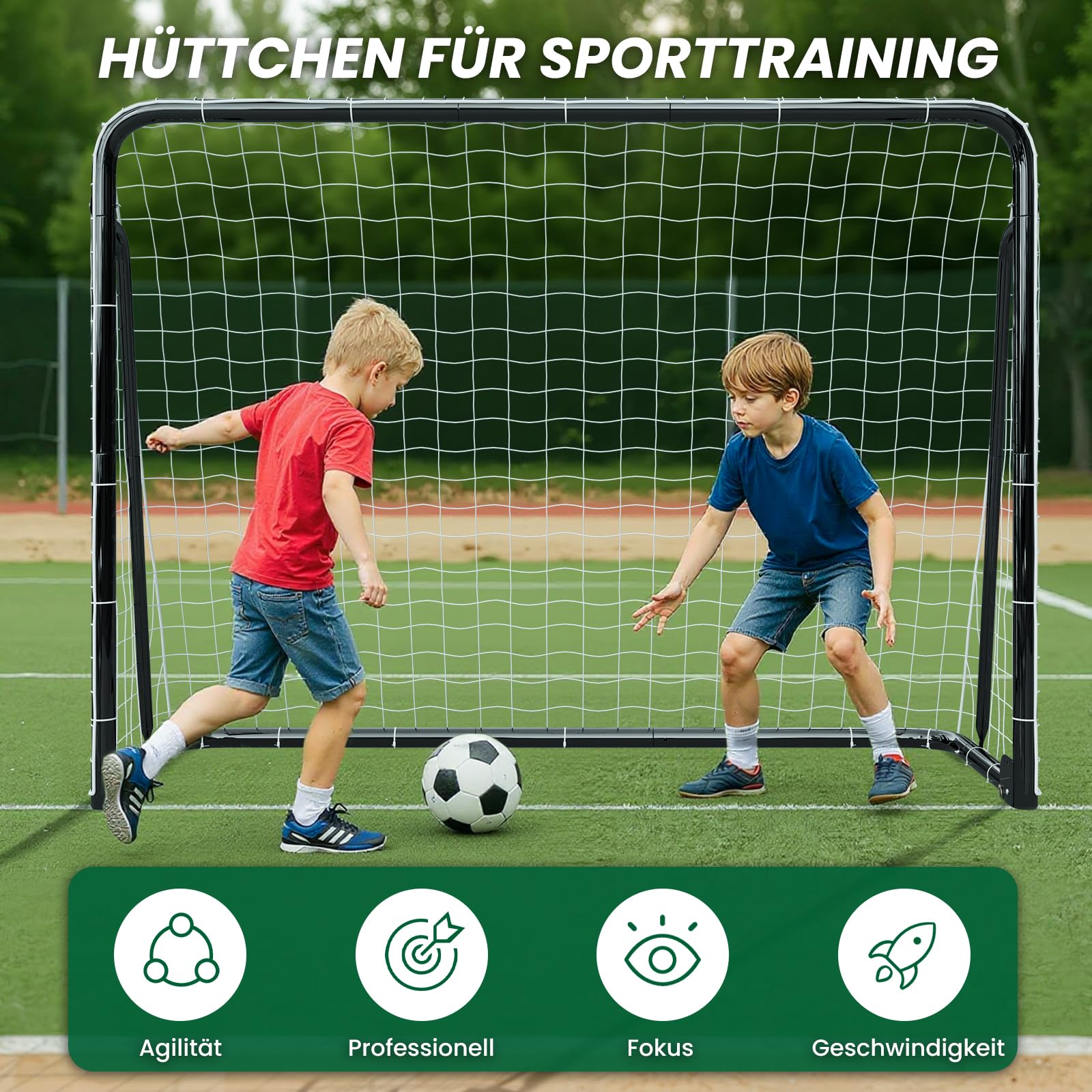 Fußballtor für Garten Kinder & Erwachsene, Robustes Fussballtor Outdoor mit Stahlrahmen, wetterfestem Netz, Erdankern, 6 Hütchen, Fußball Tor Set für Training, Schwarz