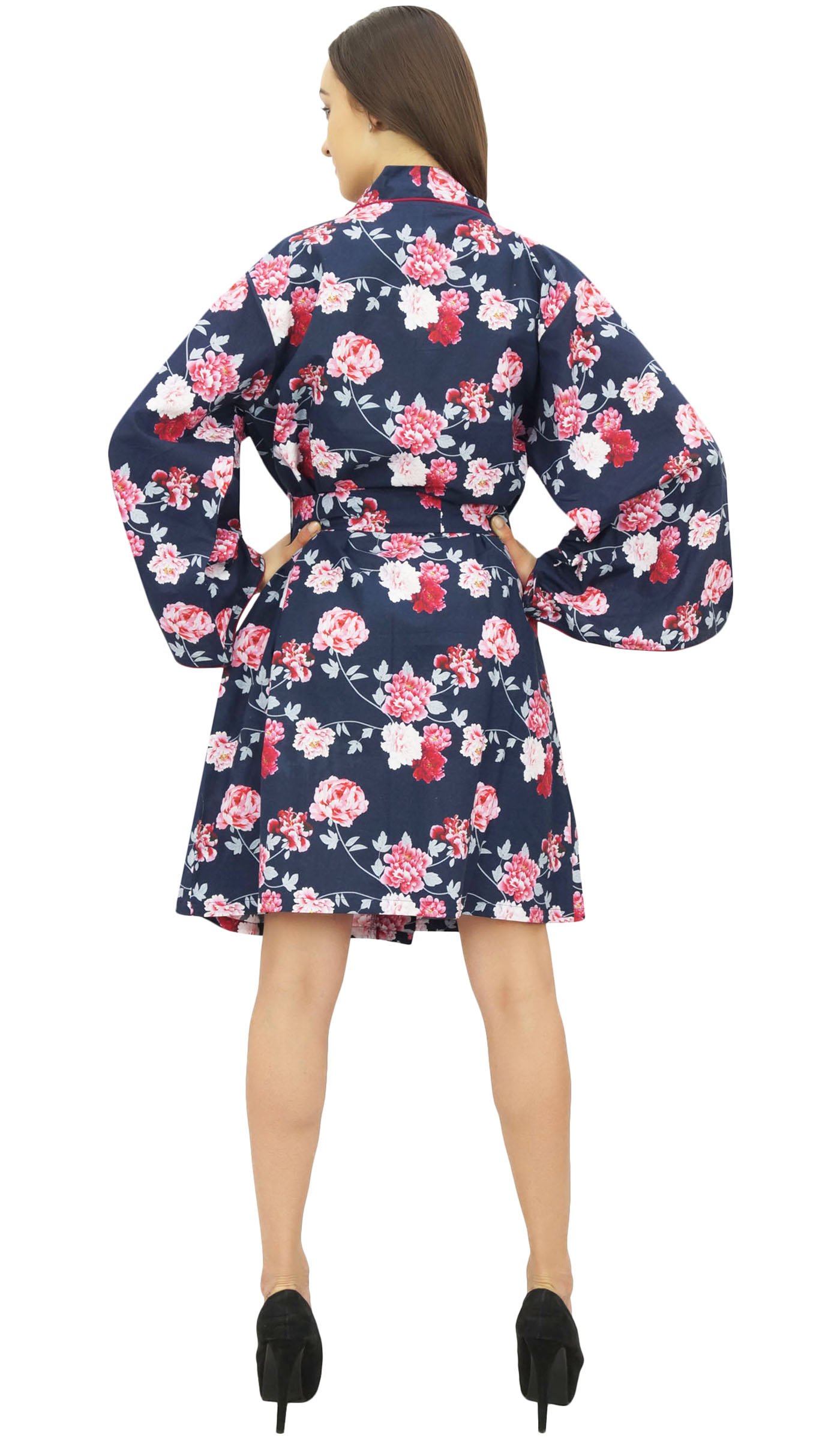 Bimba Mujeres Estampado De Flores De Algodon Popelin Kimono Coverup túnica con Belt - 36