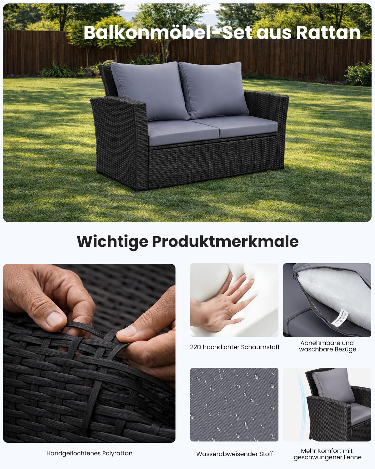 LANOX 4-Teiliges Poly Rattan Balkonmöbel Set mit Sofa und Couchtisch