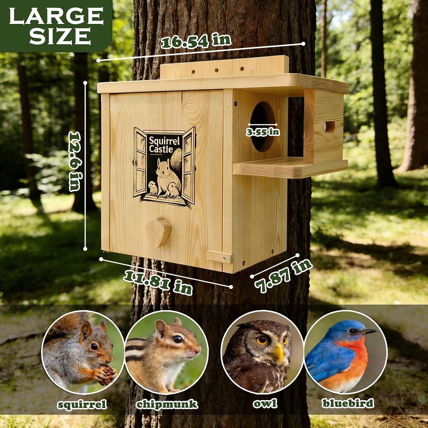 Extre Large Wooden Squirrel House for Outside - Weatherproof Pine with External Platform, Easy Assemble Squirrel Nesting Box