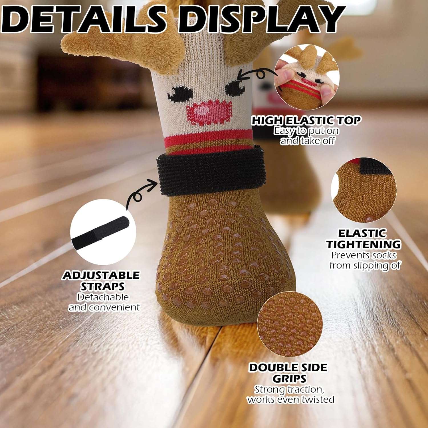 EXPAWLORER Christmas Anti Slip Dog Socks to Prevent Licking Paws, Boots & Paw Protectors with Grippers,Doggie Booties for Hardwood Floors for Large Senior Dogs Lifelike Costume Reindeer large