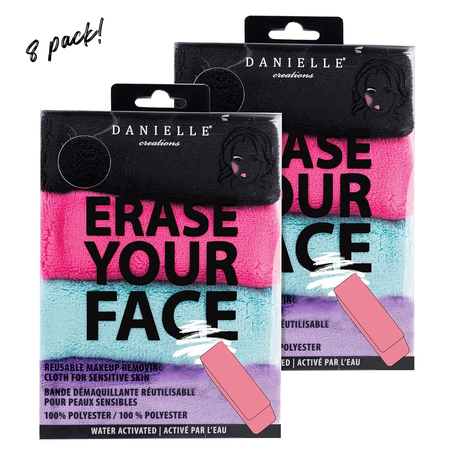 ERASE YOUR FACE Erase Your Face Make Up Removing Cloths, black, blue, pink, purple, 2 pack (count of 8) : Everything Else