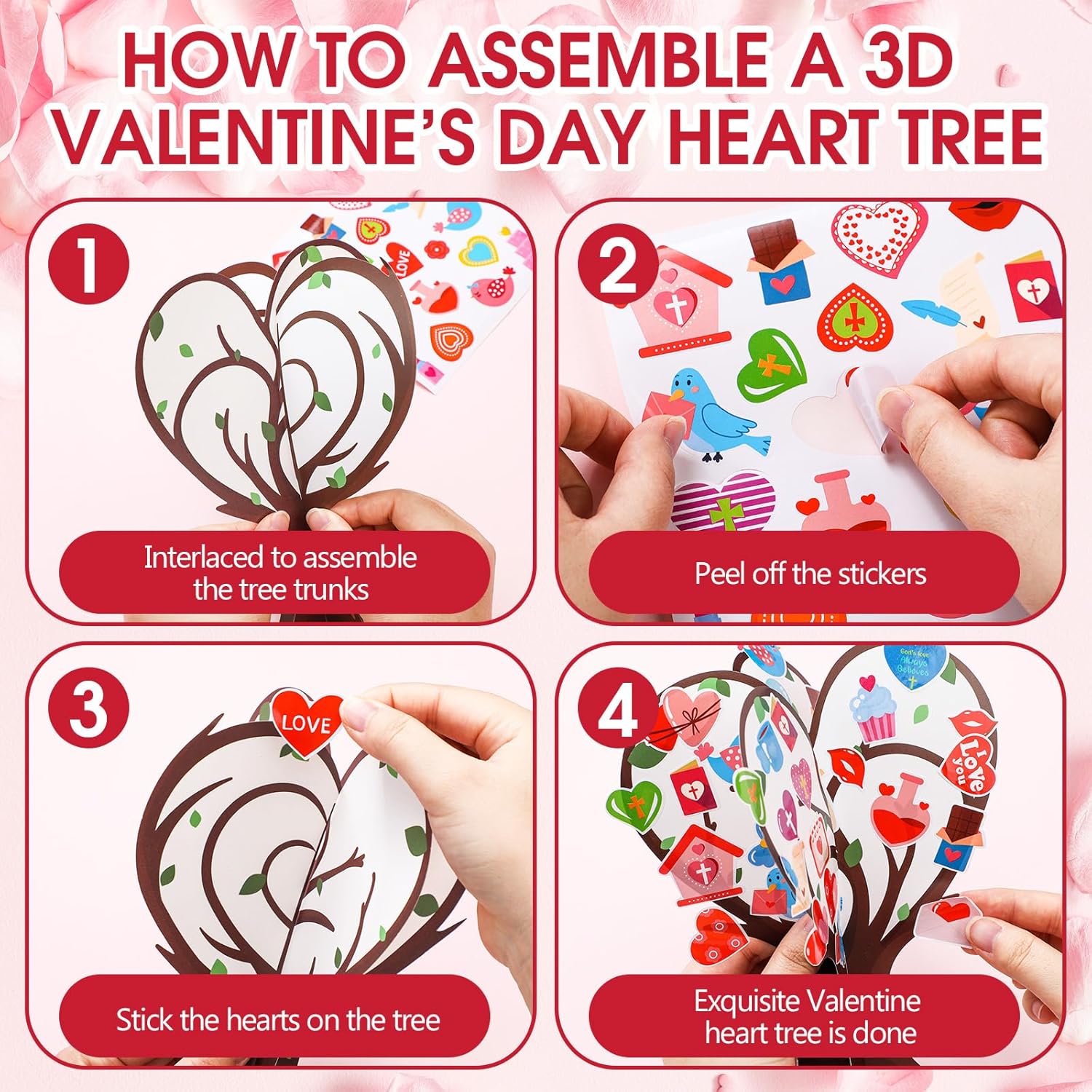 48 Pcs Religious Valentine's Day Crafts Kits Christian Valentine Heart Tree Craft Make Your Own Heart Decoration DIY 3D Paper Biblical Trees Art Gifts for Home Classroom Church DIY Project
