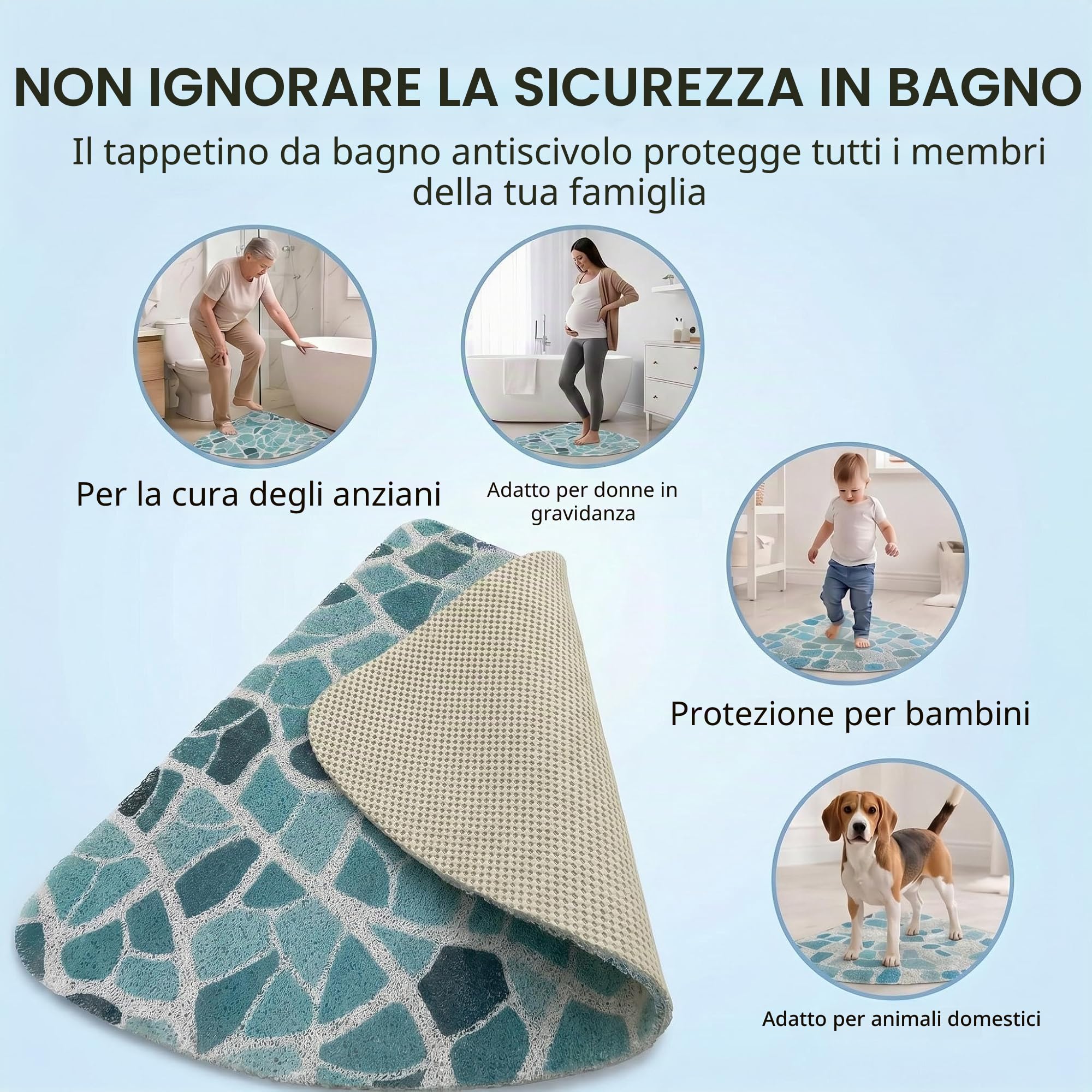 Tappetino da doccia angolare antiscivolo e antimuffa, 70 x 70 cm, tappetini doccia triangolari in luffa per interno doccia, tappetino doccia quadrante in morbido PVC con scarico per anziani, tappetino