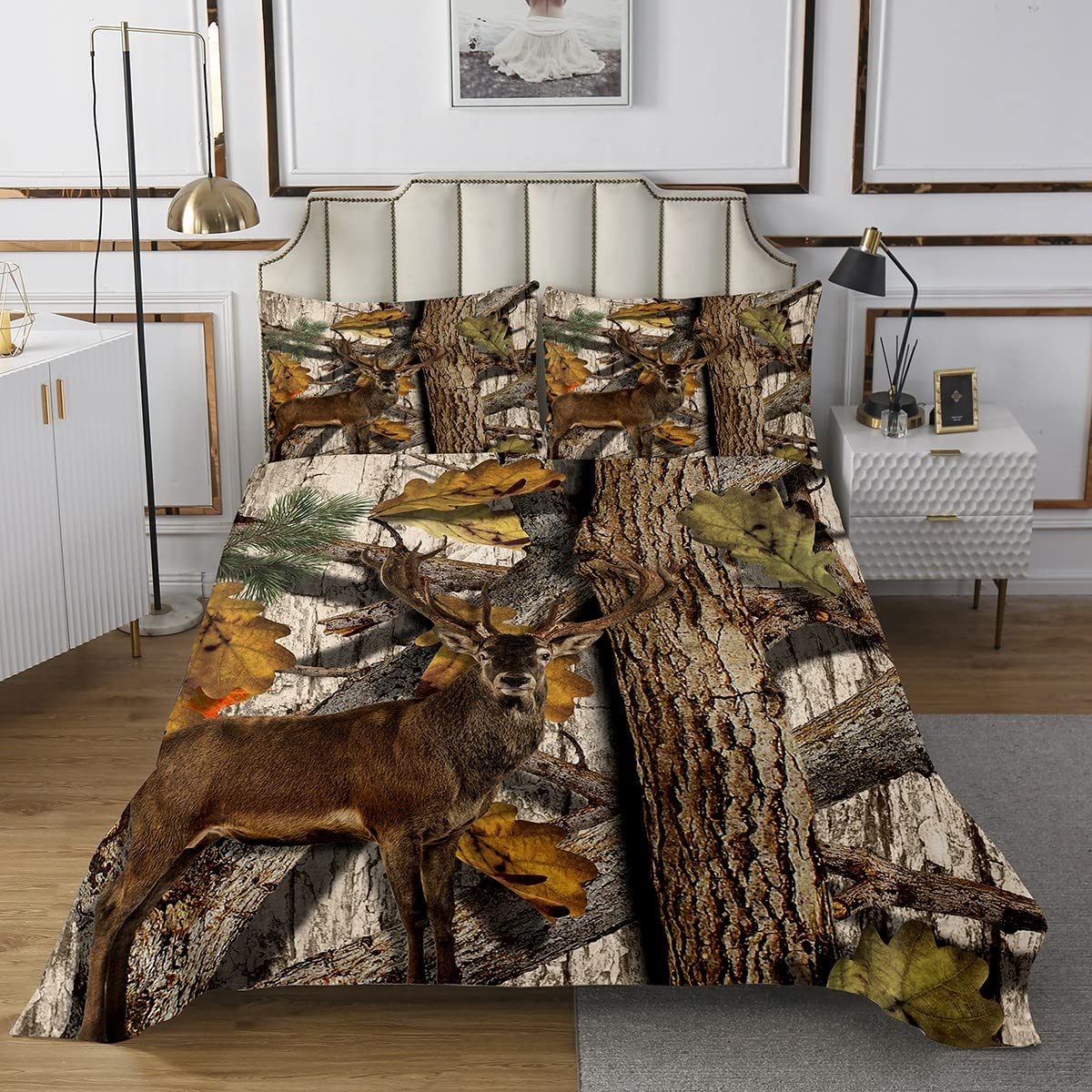 Homemissing Set di copriletto trapuntato con cervo mimetico, per bambini, ragazzi, ragazze, rustico, cervo alce in legno, motivo animali selvatici, trapuntato, matrimoniale