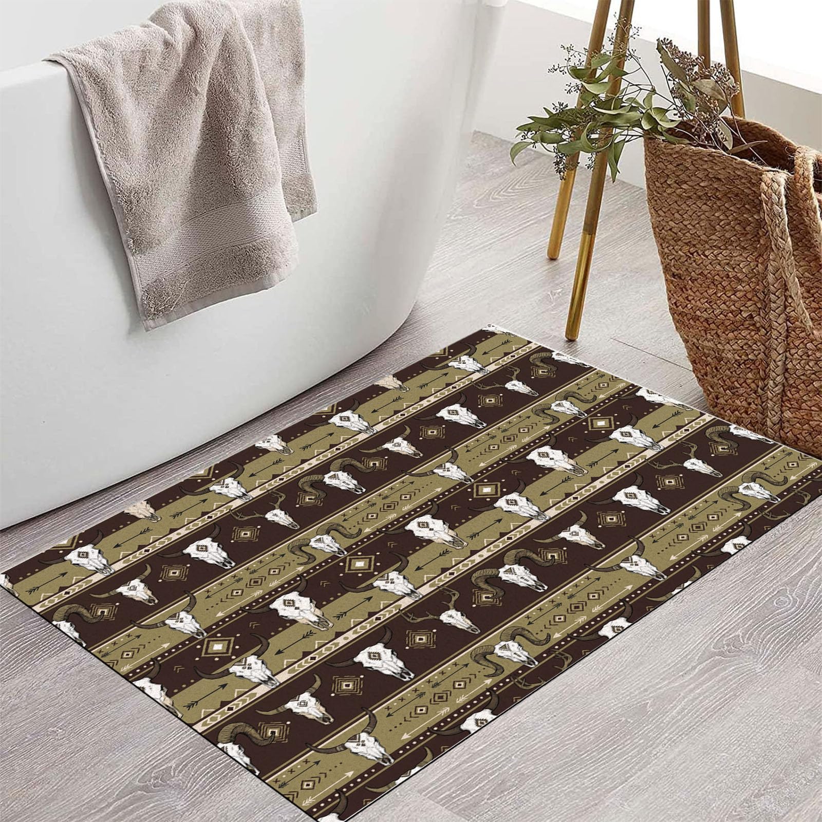 Ultradünne Böhmische Tierstreifen Fußmatte Für Innenbereich, 90X150Cm Waschbar Teppich Für Eingangsbereich, Stammesgeometrie Schmutzfänger Fussmatten, Bräunen rutschfeste Eingangsmatte