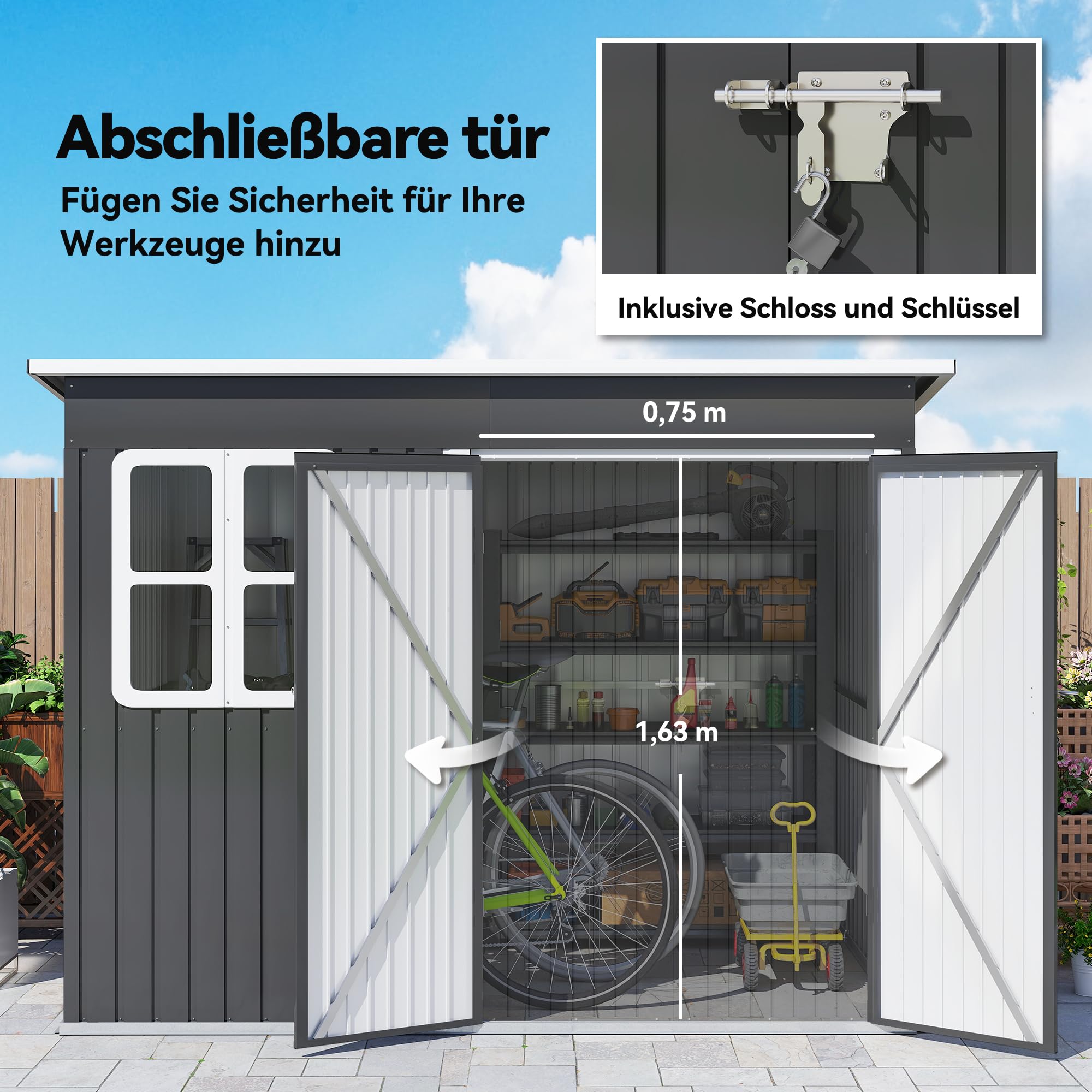Casetta per attrezzi Outsunny 4,13 m³, casetta da giardino, 260 x 177 x 190 cm, casetta per attrezzi con finestra, porta con serratura, garage per biciclette, mobile da giardino in acciaio, per