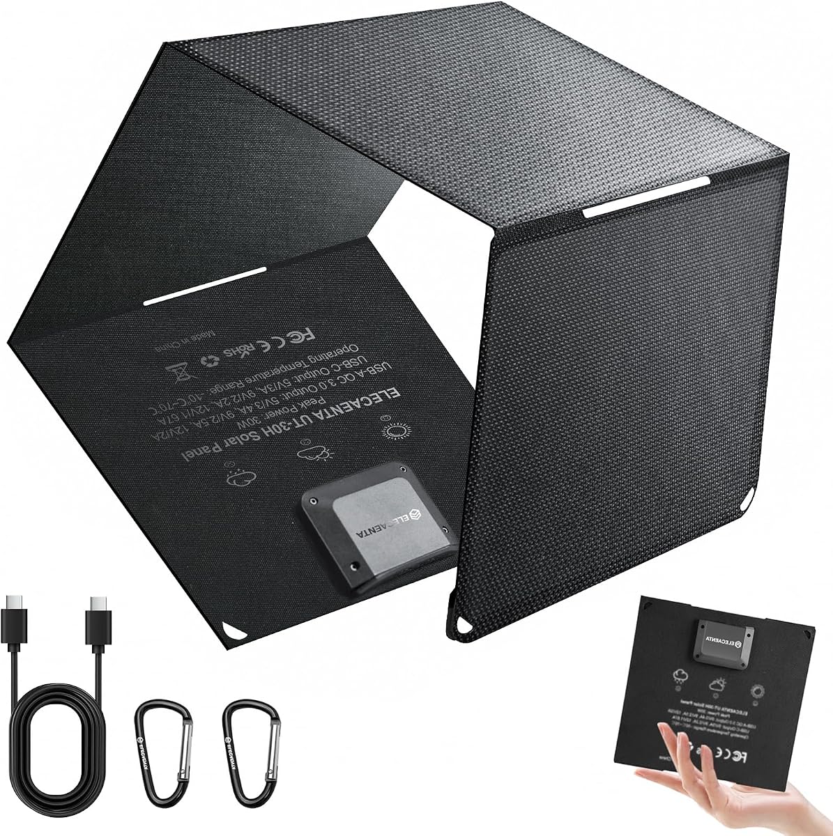 Panel solar portátil ELCAETNA HPBC de 30 W, conversión del 25,4%, solo 1,1 lb, IP68 | USB C y USB QC3.0 de carga rápida, cargador solar plegable para teléfonos móviles, tabletas, camping, mochilero, senderismo