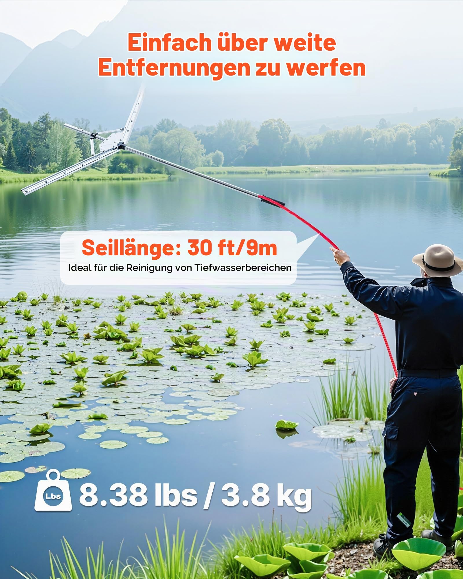 VEVOR Teichrechen, Wasser Unkrautrechen mit 1219 mm max. Schnittbreite, Stahlklingen, See-Unkrautschneider mit 9 m Nylonseil, Seerechen zum Entfernen von Rohrkolben, Schilf, Seerosenblätter
