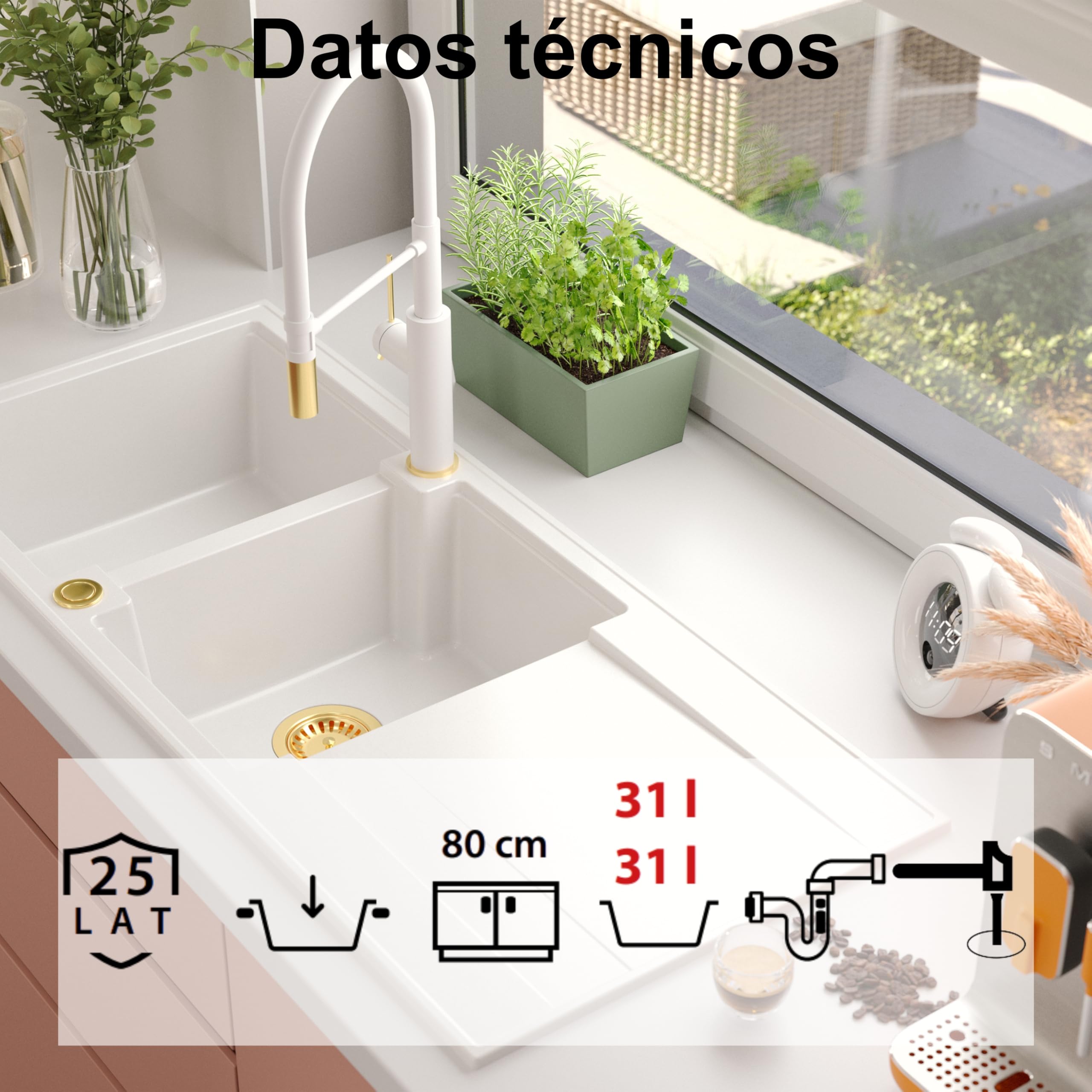 QUADRON fregadero doble cubeta blanco, EVAN 121 GraniteQ, fregadero de granito de 2 cubetas en 1160x500x210 mm, Push 2 Open fregadero con sifón y escurridor, elementos de cobre PVD