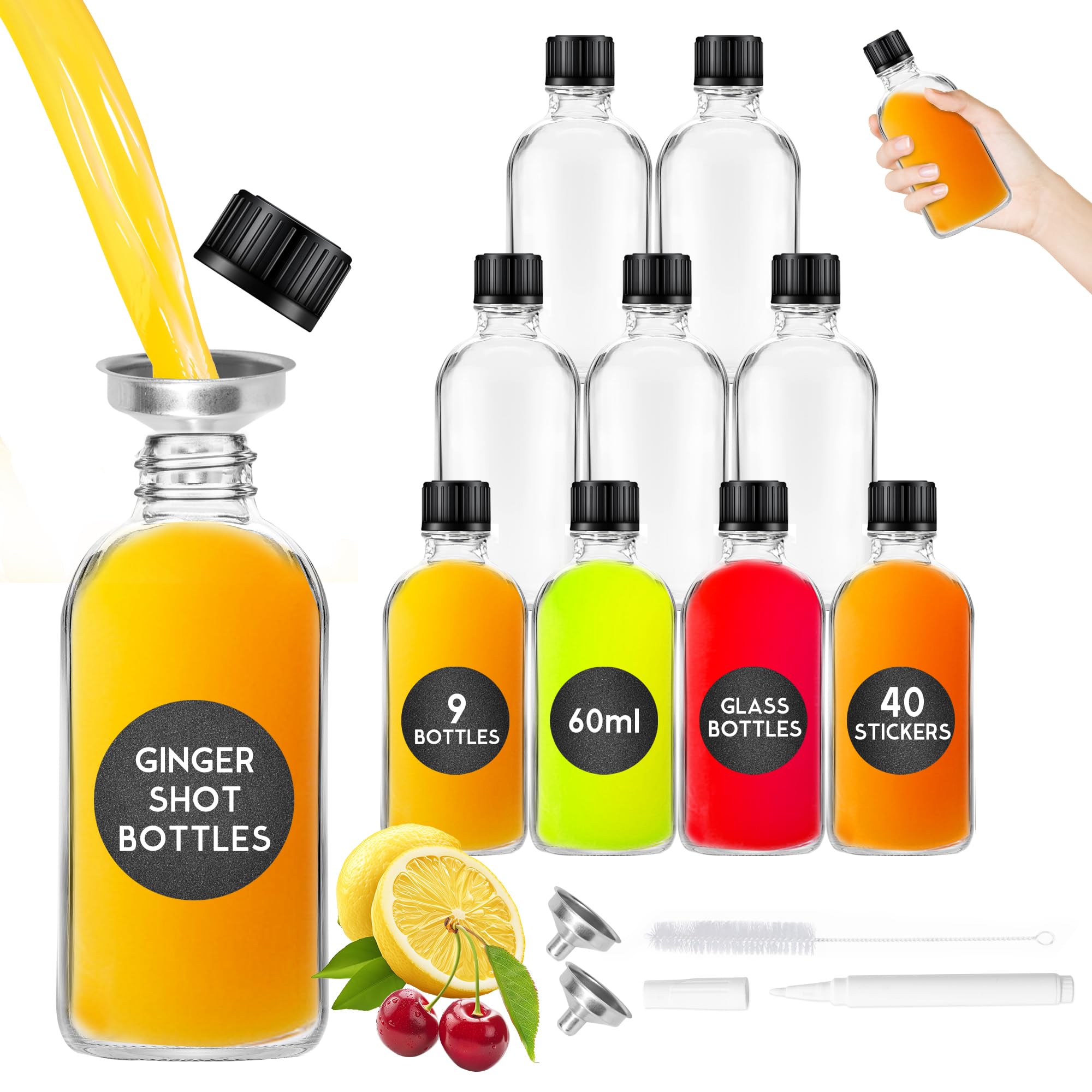 Herbbree Glass Shot Bottles with Lids - 9 Pack 60ml Small Ginger Shots Bottles with 2 Funnels, Labels, Brush, Pen, 2oz Reusable Glass Juice Bottle for Juice, Ginger, Whiskey, Essential