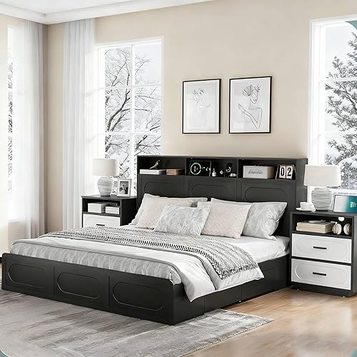 3 Pieces Bedroom Set, King Size Wood Bed Frame and 2 Nightstands, Storage Drawers and Charging Station, Bedroom Furniture Set, No Box Spring Needed, Black