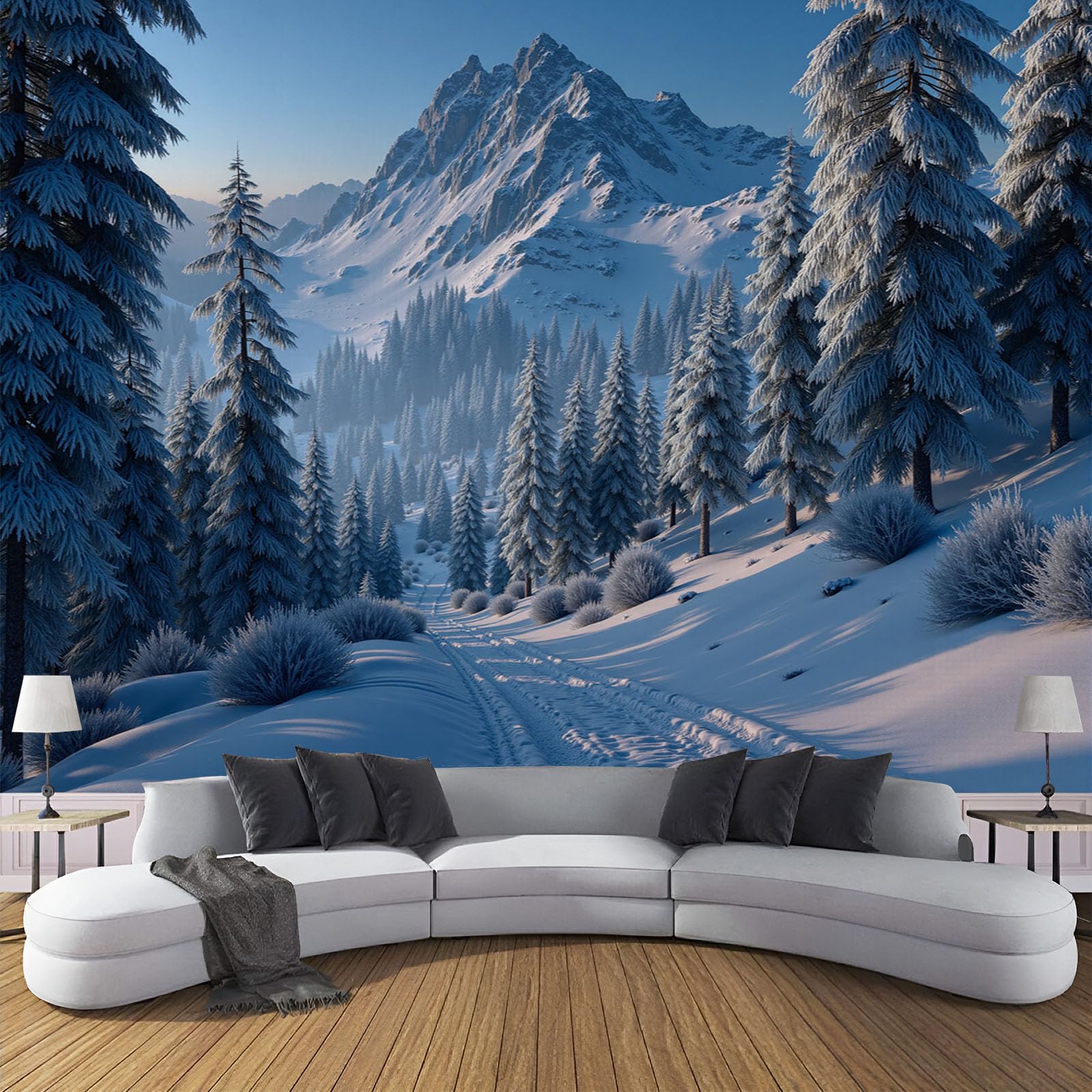Papier peint montagne enneigée pins forêt hivernale 300x210