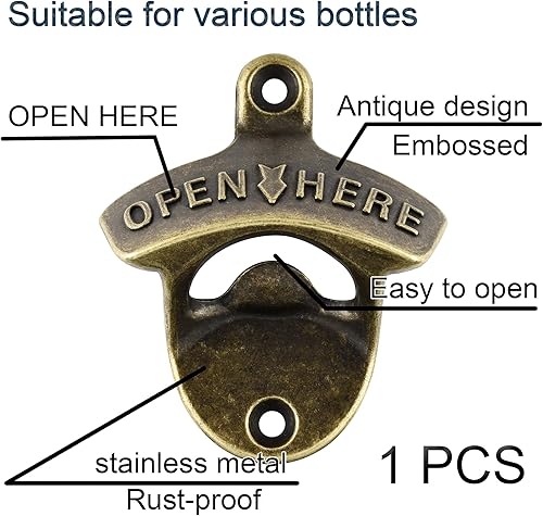 Miniatura 2 de Abrebotellas de bronce antiguo montado en la pared abrebotellas de cerveza montado en la parte superior para regalos