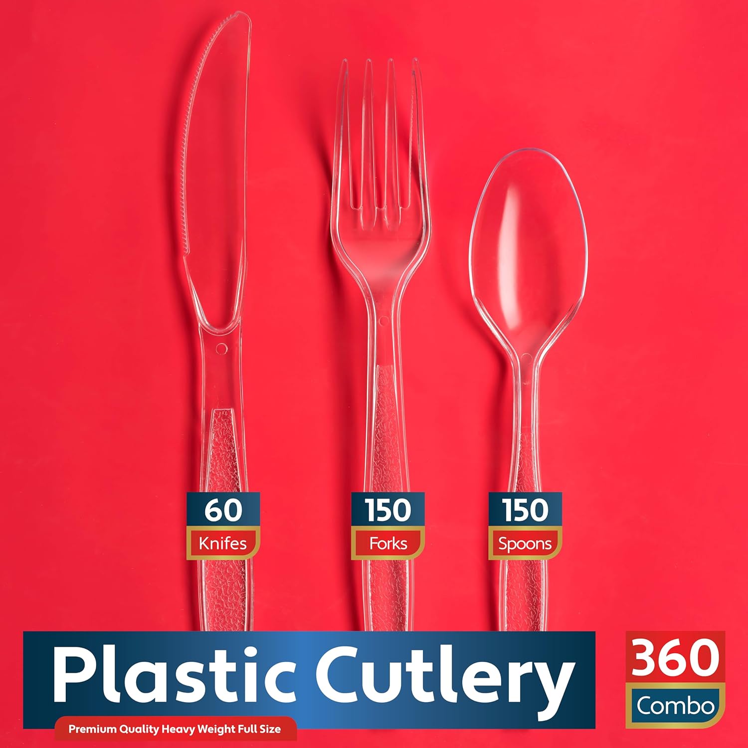 Clear Plastic Sierware Set, 150 Forks, 150 Spoons, 60 Knives, Heavy Duty