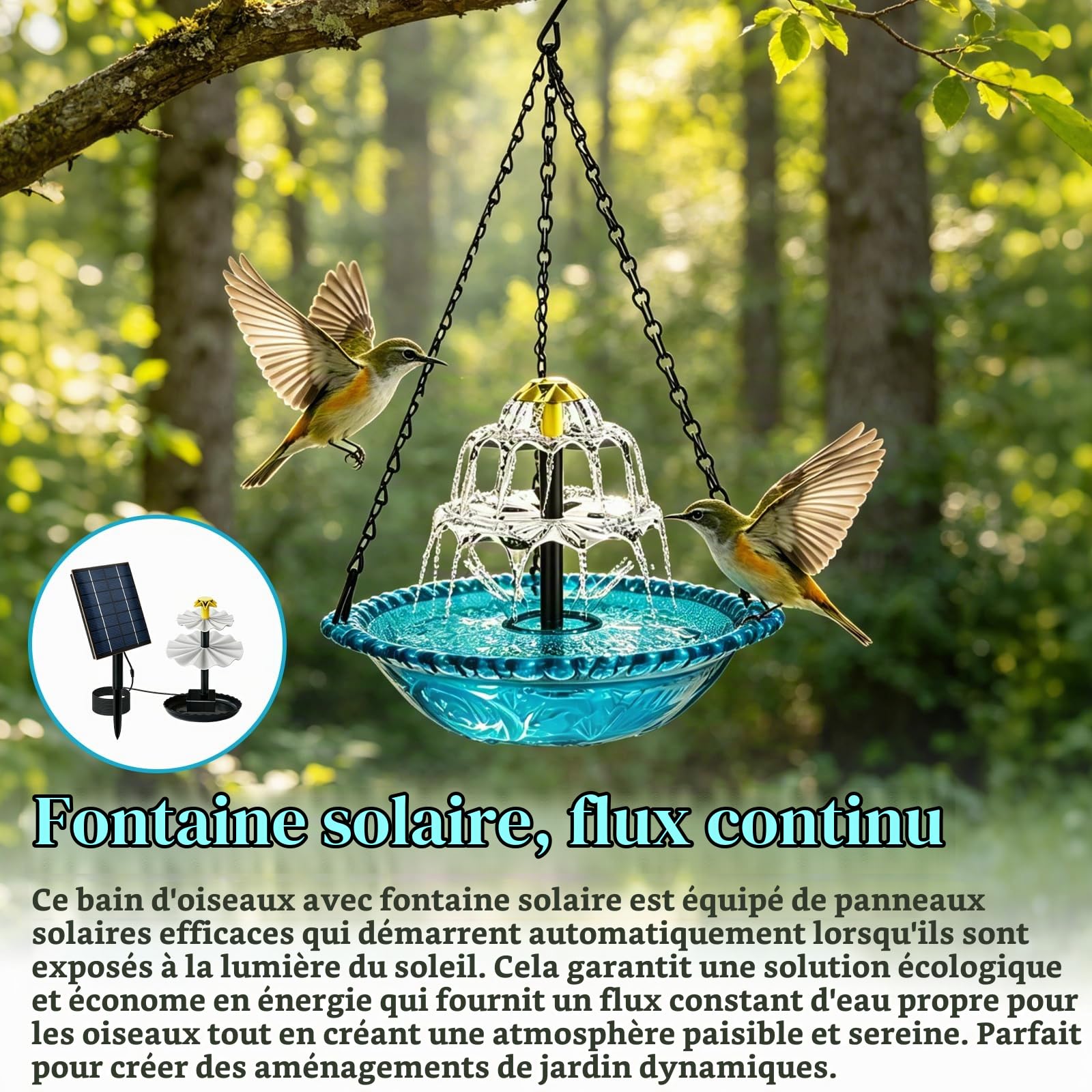 Bain d'oiseaux suspendu avec fontaine solaire, bain d'oiseaux, fontaine à suspendre, pour jardin, balcon, terrasse, avec chaînes en métal, décoratif, facile à monter, pour l'entretien des oiseaux en