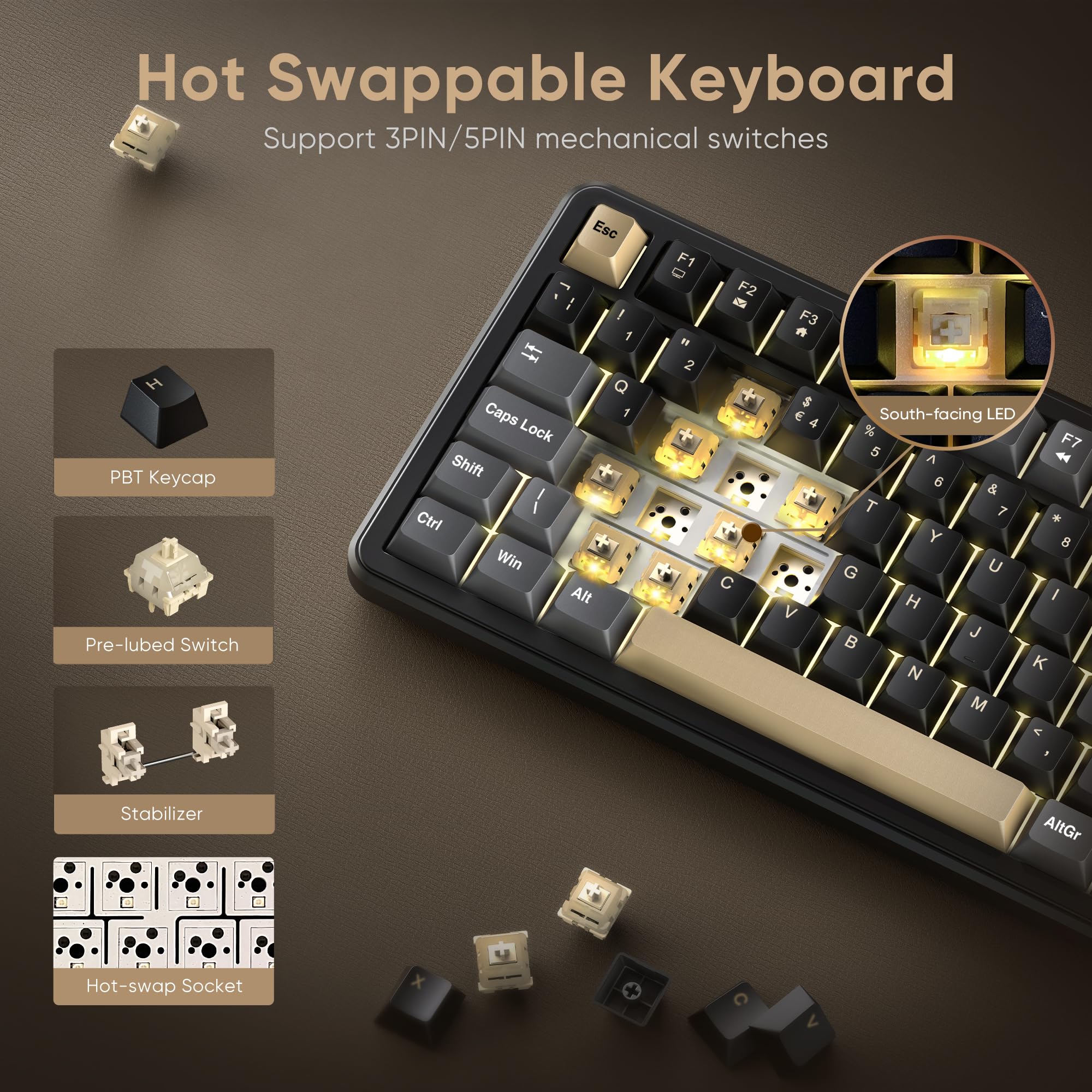 RedThunder K75 70% Wireless Mechanical Gaming Keyboard, Creamy Gasekt-Mounted,Volume Knob,Ultra Compact UK Layout 82 Keys,2.4G/BT/USB-C,RGB Underglow Lighting,Hot swappable Fast Apricot Switch