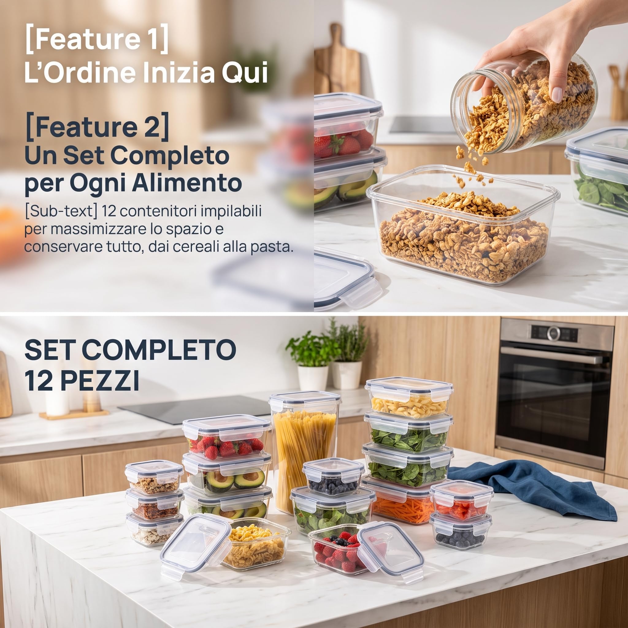 Set 24 Contenitori Plastica Alimentare per Alimenti con Coperchi Ermetici, Senza BPA, Scatole per la Conservazione Ermetiche, Microonde e Congelatore, Meal Prep e Organizzazione Cucina