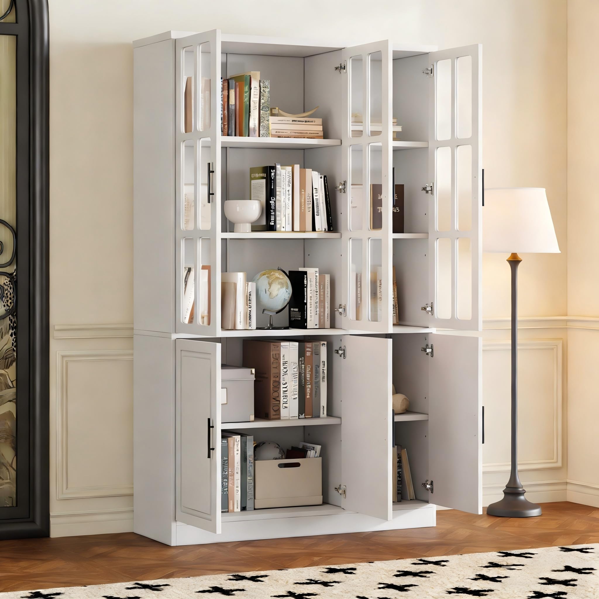 Vitrina de 121,5 x 41 x 200 cm, armario alto con 6 puertas, vitrina de cristal con LED, armario multifunción con divisor ajustable, armario grande