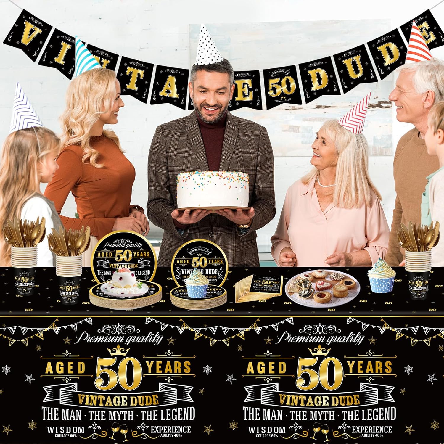 183 Pcs Vintage 50th Party Tableware Set, Black Gold Vintage Happy 50 Birthday Tablecloth 24 Guests Dinner Plates Dessert Plate Cup and Napkins for Men Cheers 50th Theme Birthday Party Supplies - Image 5