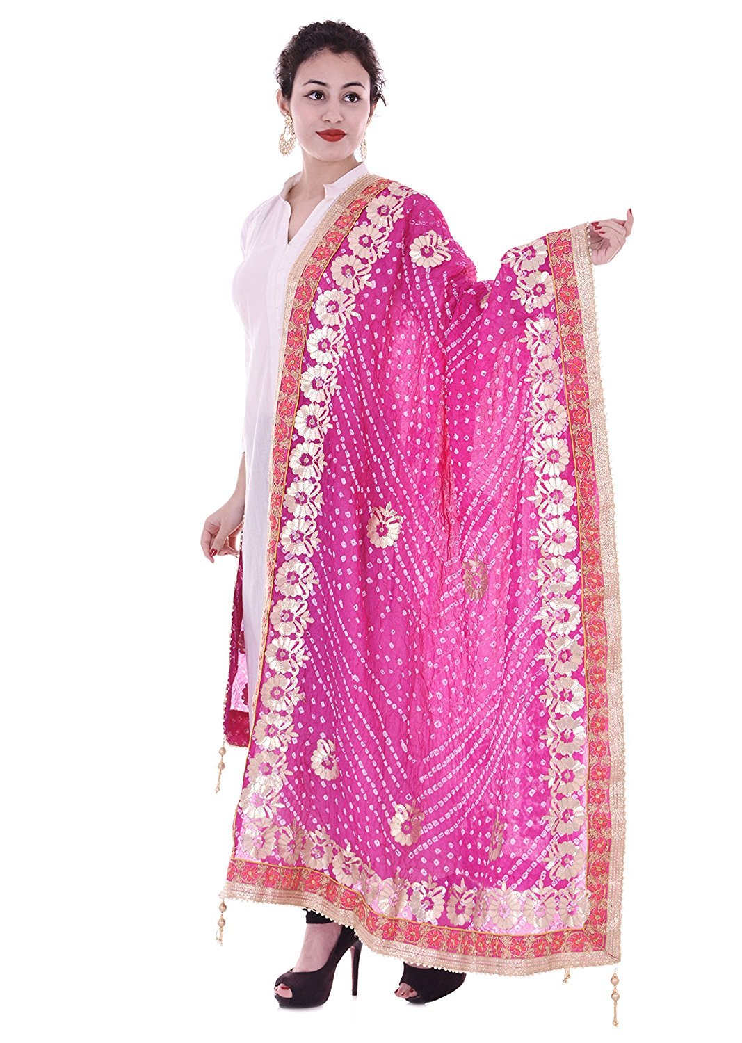 GenericWomen's Hand Crafted Bandhani Or Bandhej Art Silk Dupatta With Gotta Patti, Indian Fabric, Indian Dupatta, Soft Flowy Material, Fabriclore 2.35 Meter Pink
