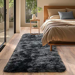 Tie-Dyed Black Rugs for Bedroom 2x6 ft - Ultra Soft Faux Fur Area Rug - Plush Non-Slip Shaggy Carpet for Living Room, Cozy Fluffy Rug for Kids Boys Girls Dorm Nursery Room, High Pile Floor Carpet